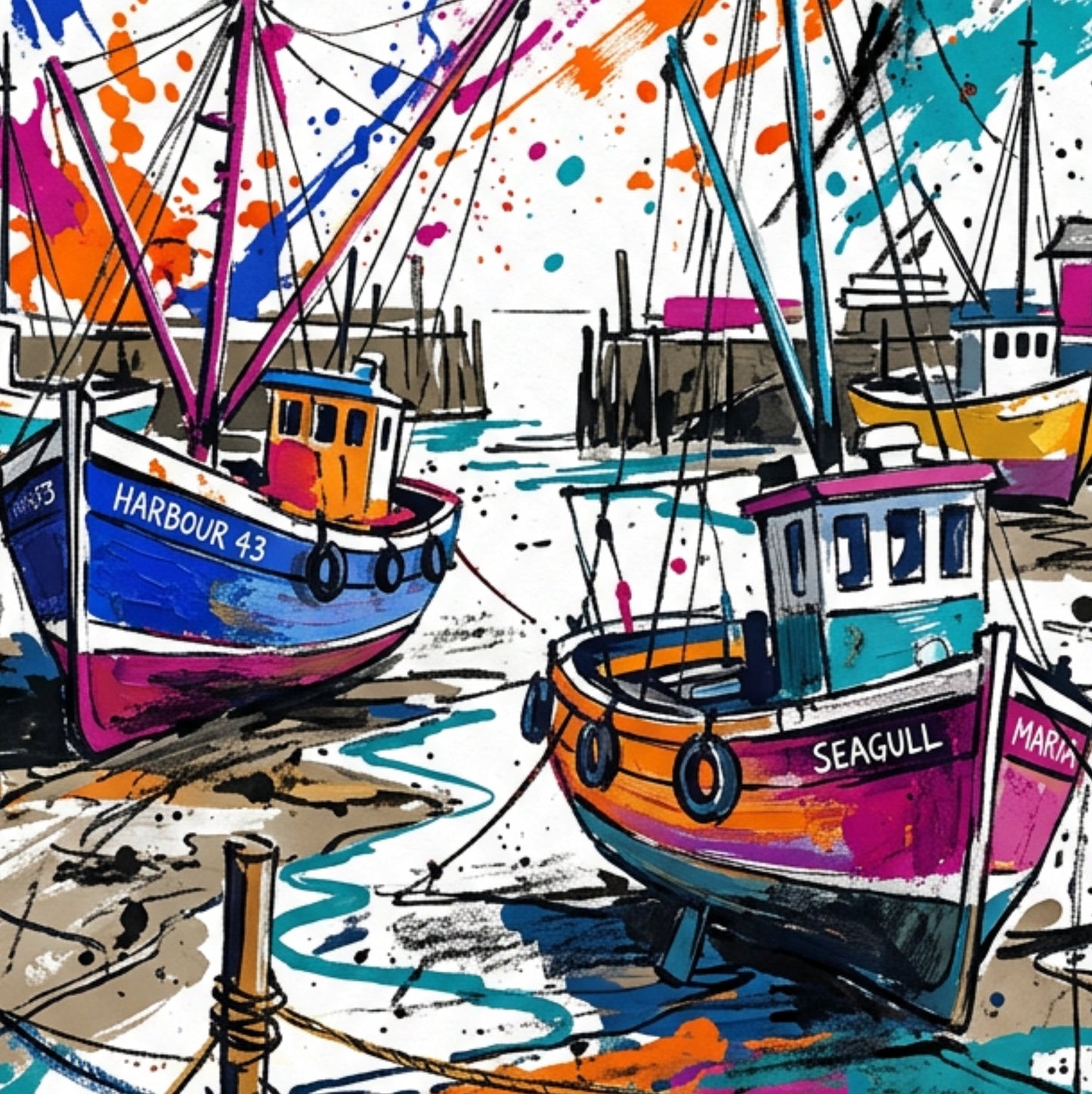Harbour Boats Coloursplash Coastal Print – Modern Nautical Wall Art