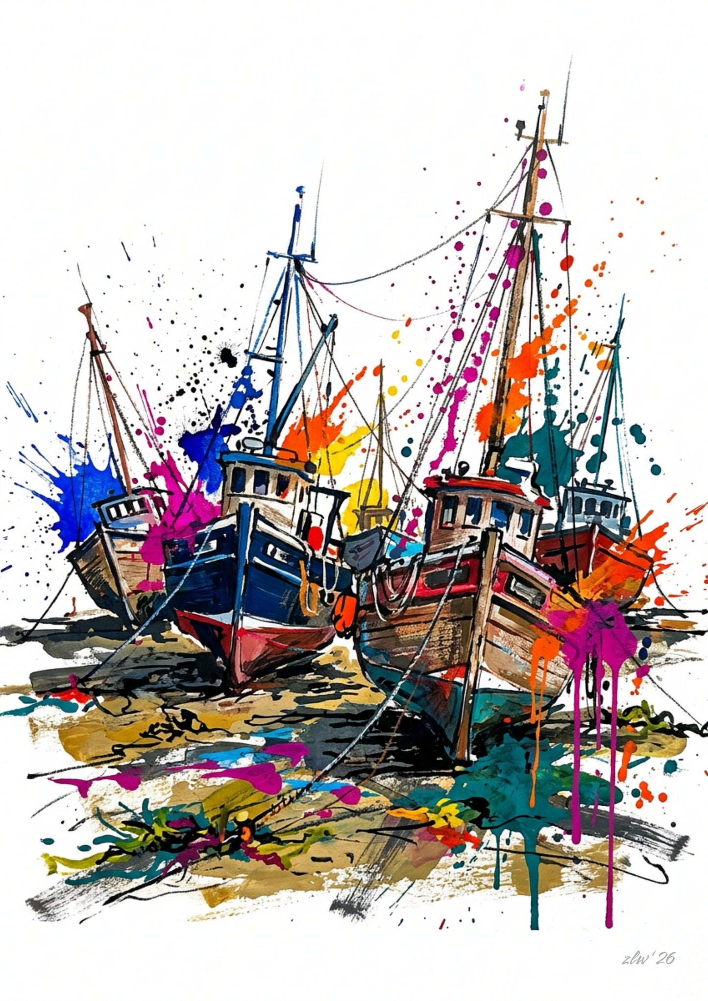 Fishing Boats Coloursplash Coastal Print – Modern Nautical Wall Art