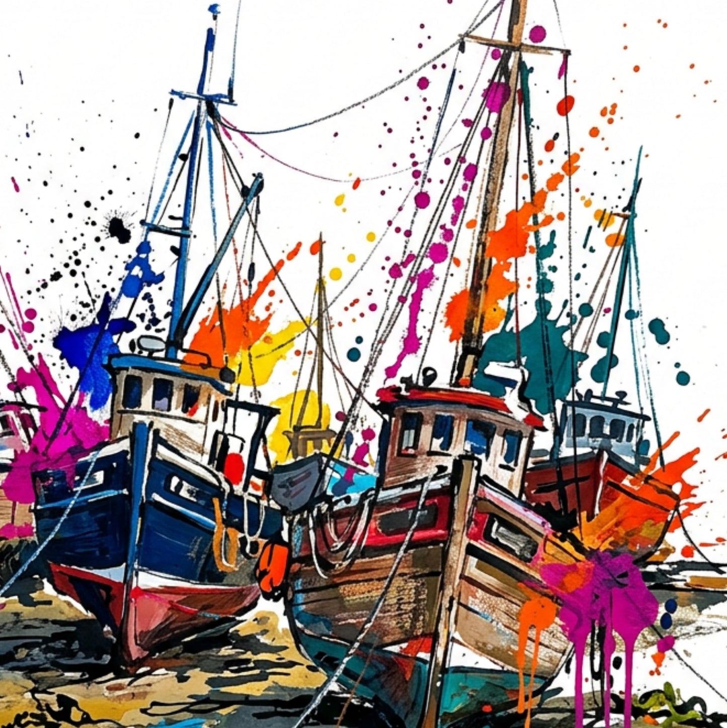 Fishing Boats Coloursplash Coastal Print – Modern Nautical Wall Art