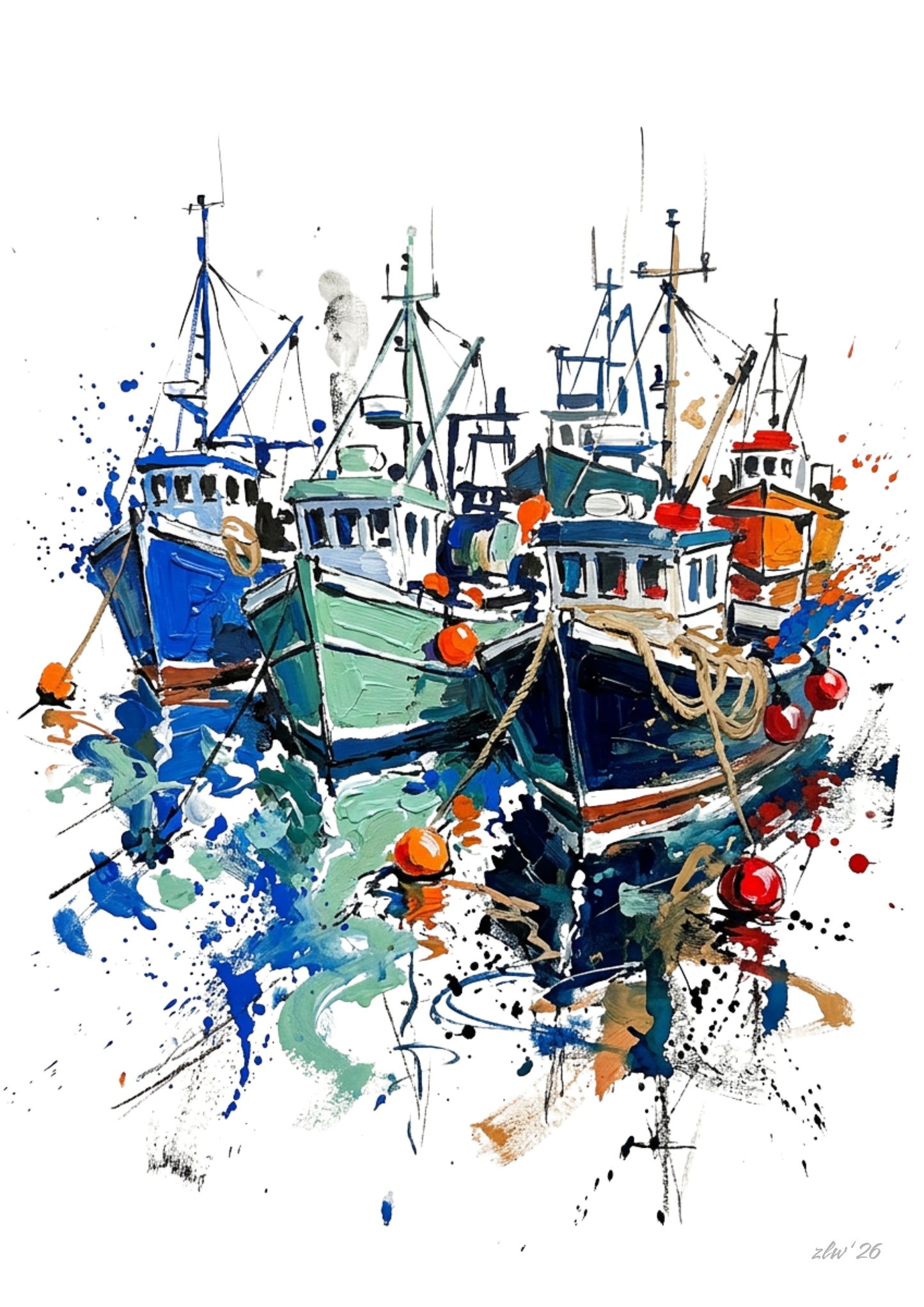Harbour Fishing Boats Coloursplash Coastal Print – Modern Nautical Wall Art