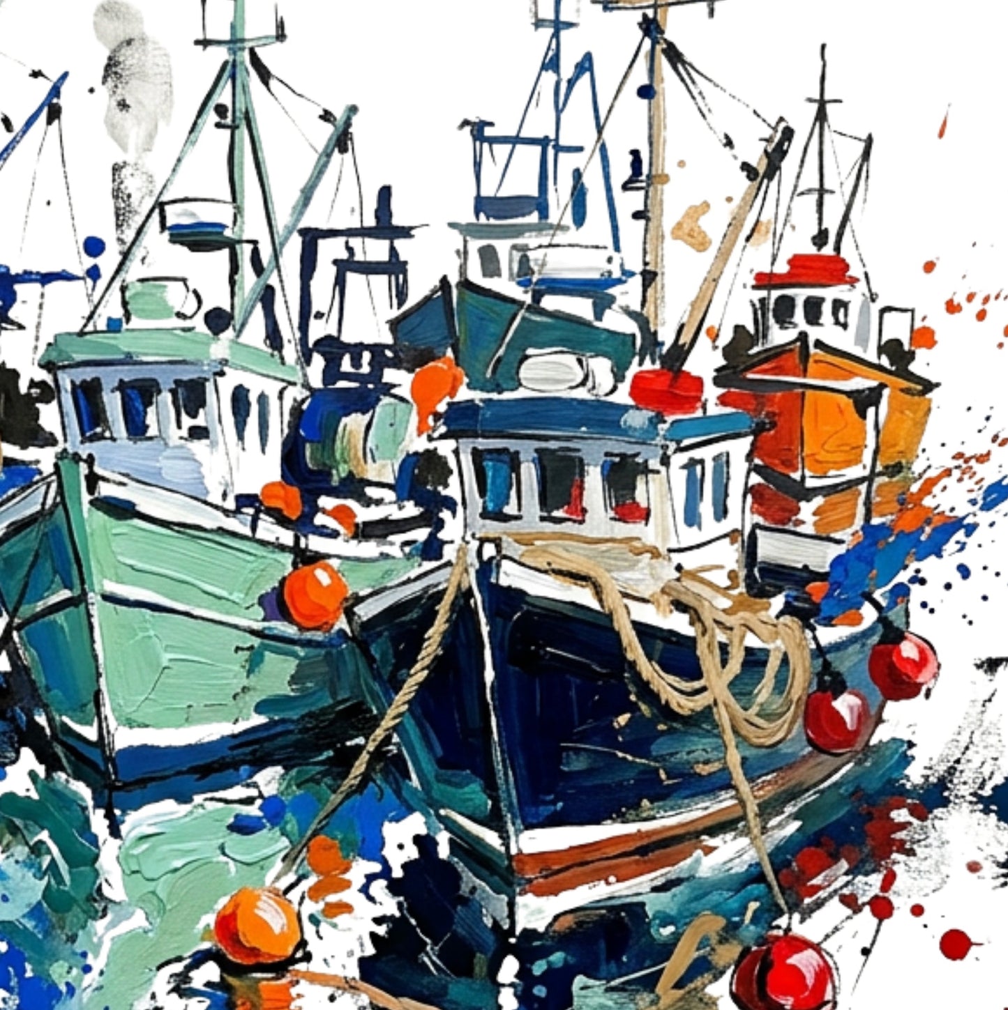 Harbour Fishing Boats Coloursplash Coastal Print – Modern Nautical Wall Art