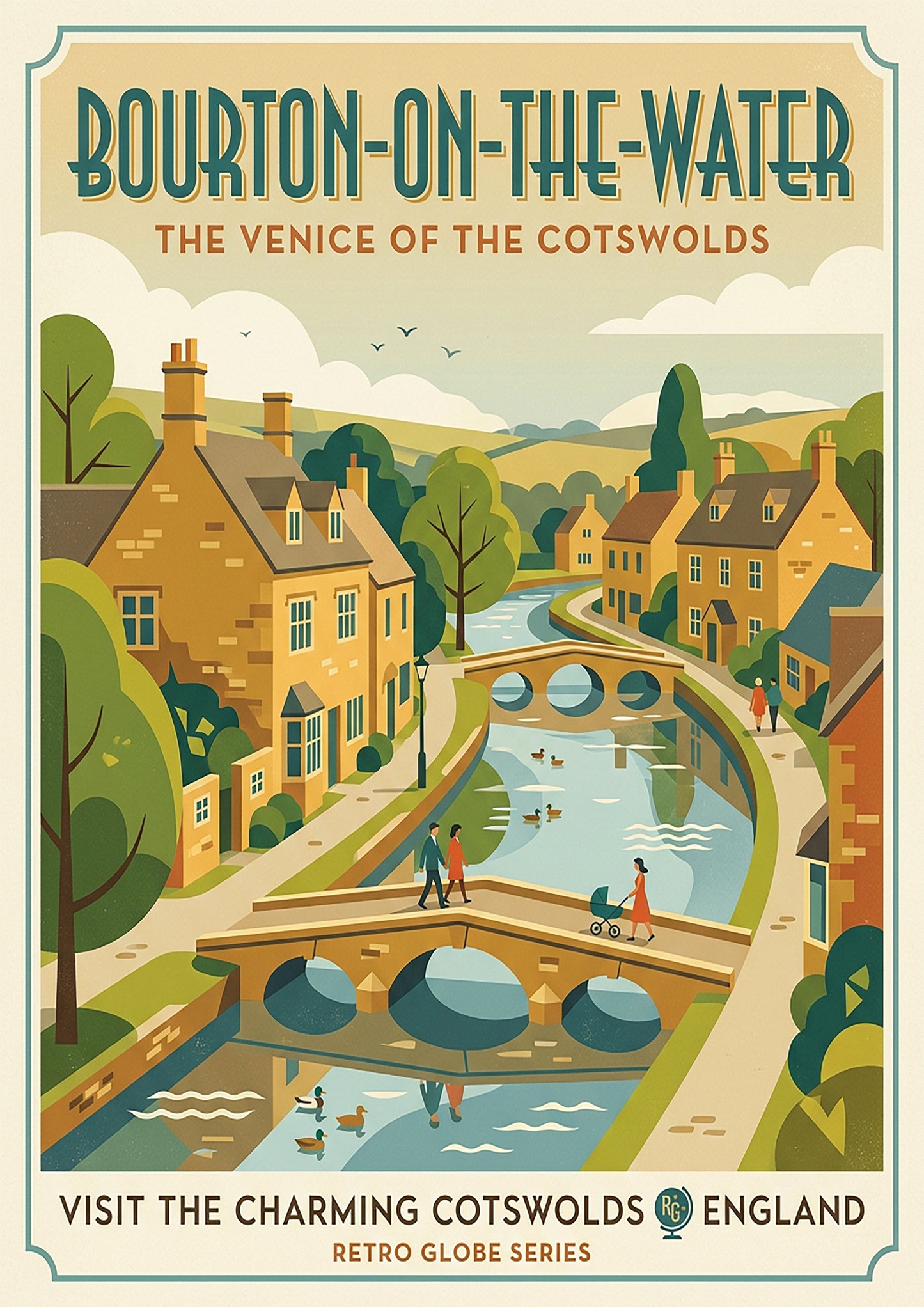 Bourton‑on‑the‑Water Retro Travel Print – Mid‑Century Cotswolds Wall Art