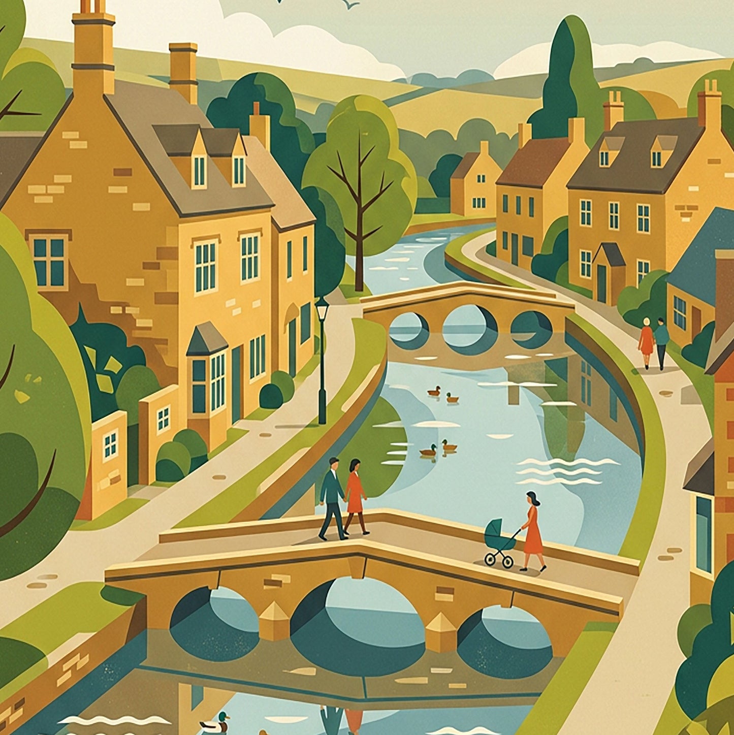 Bourton‑on‑the‑Water Retro Travel Print – Mid‑Century Cotswolds Wall Art