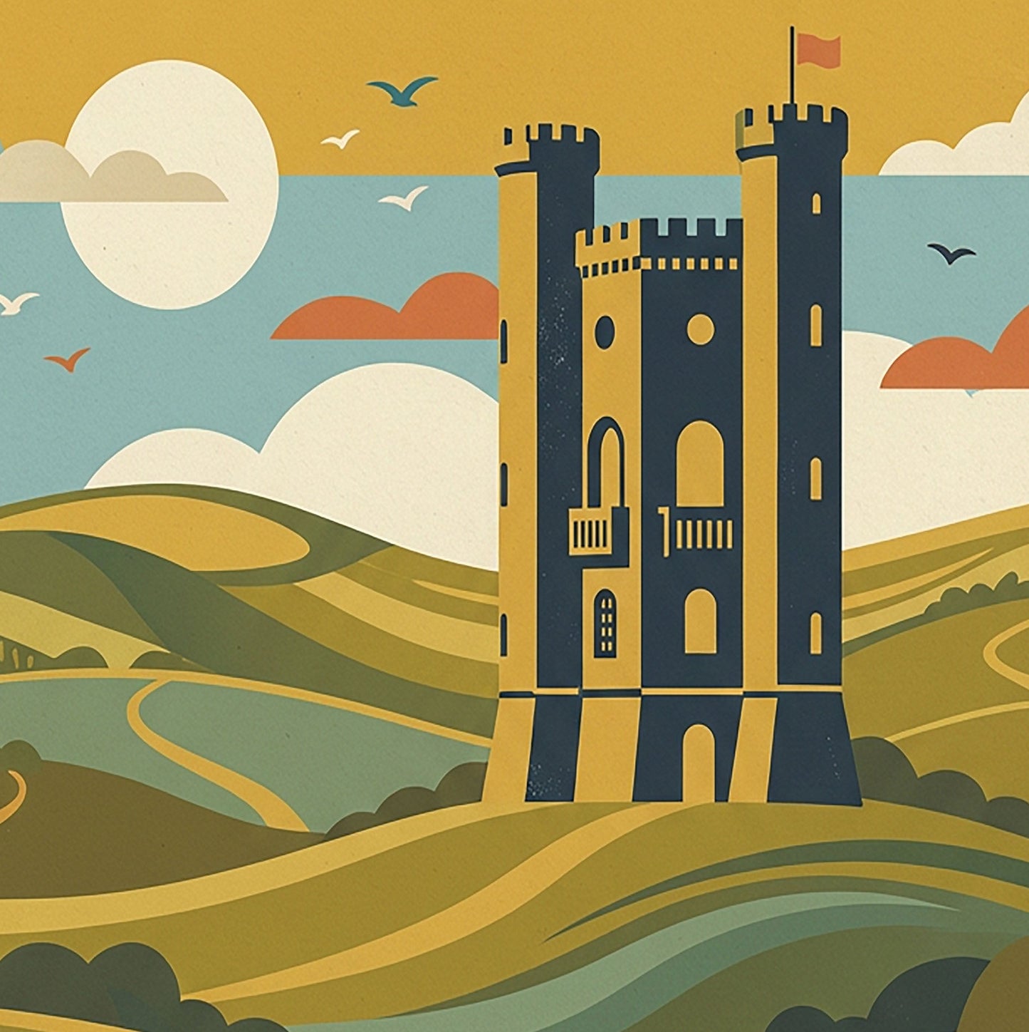 Broadway Tower Retro Travel Print – Mid‑Century Cotswolds Wall Art