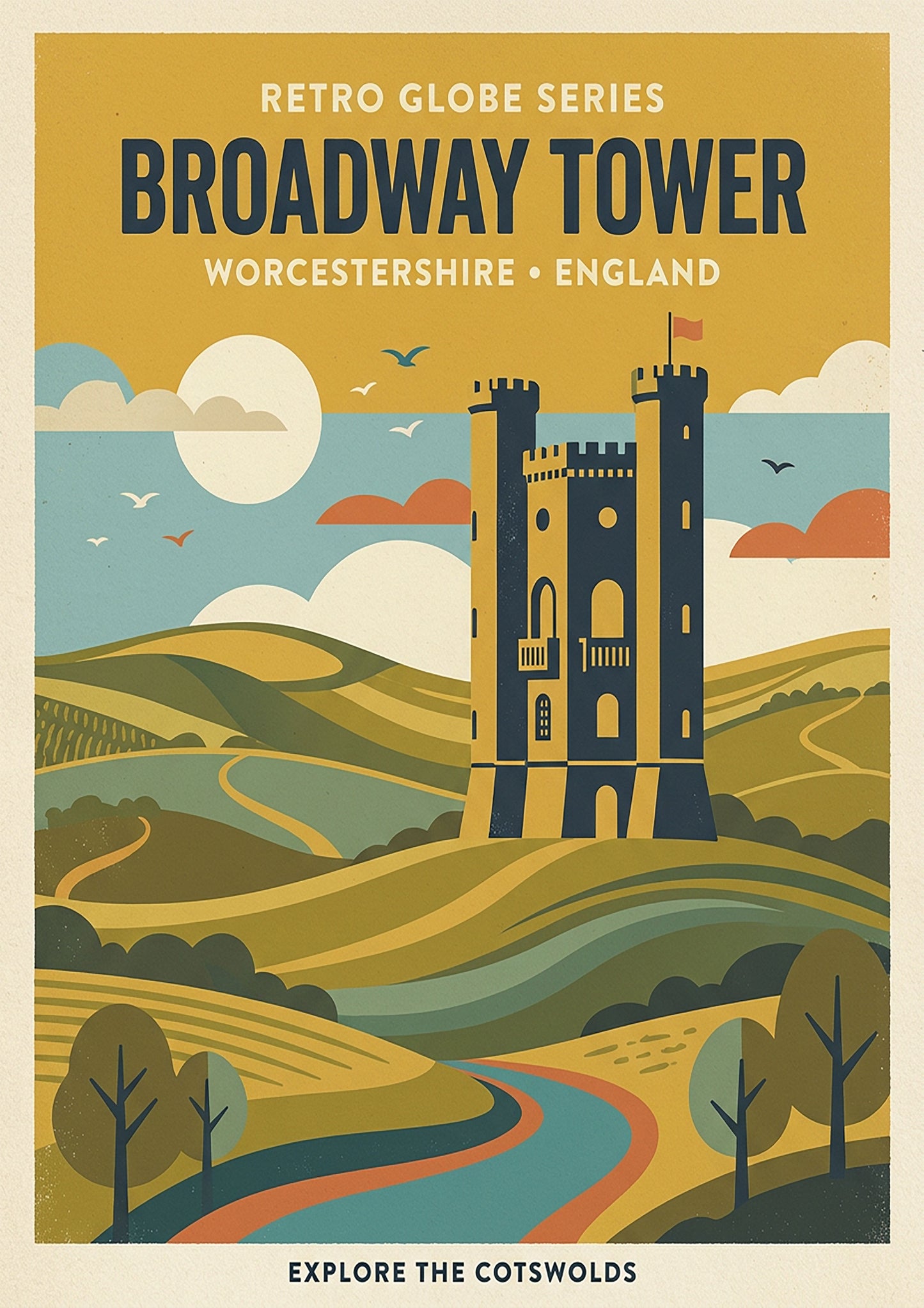 Broadway Tower Retro Travel Print – Mid‑Century Cotswolds Wall Art