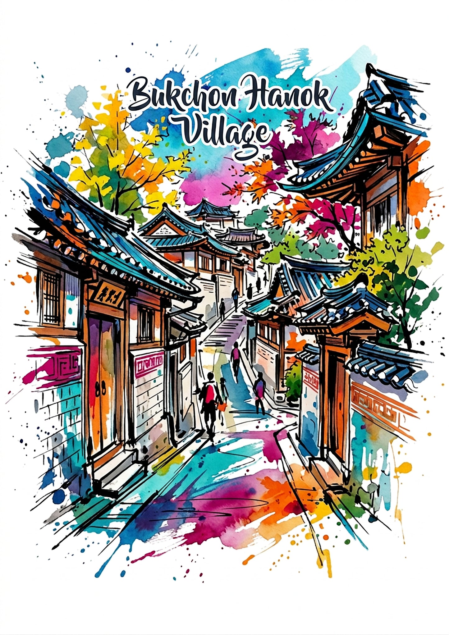 Bukchon Hanok Village Coloursplash Art Print — Modern Korean Travel Poster