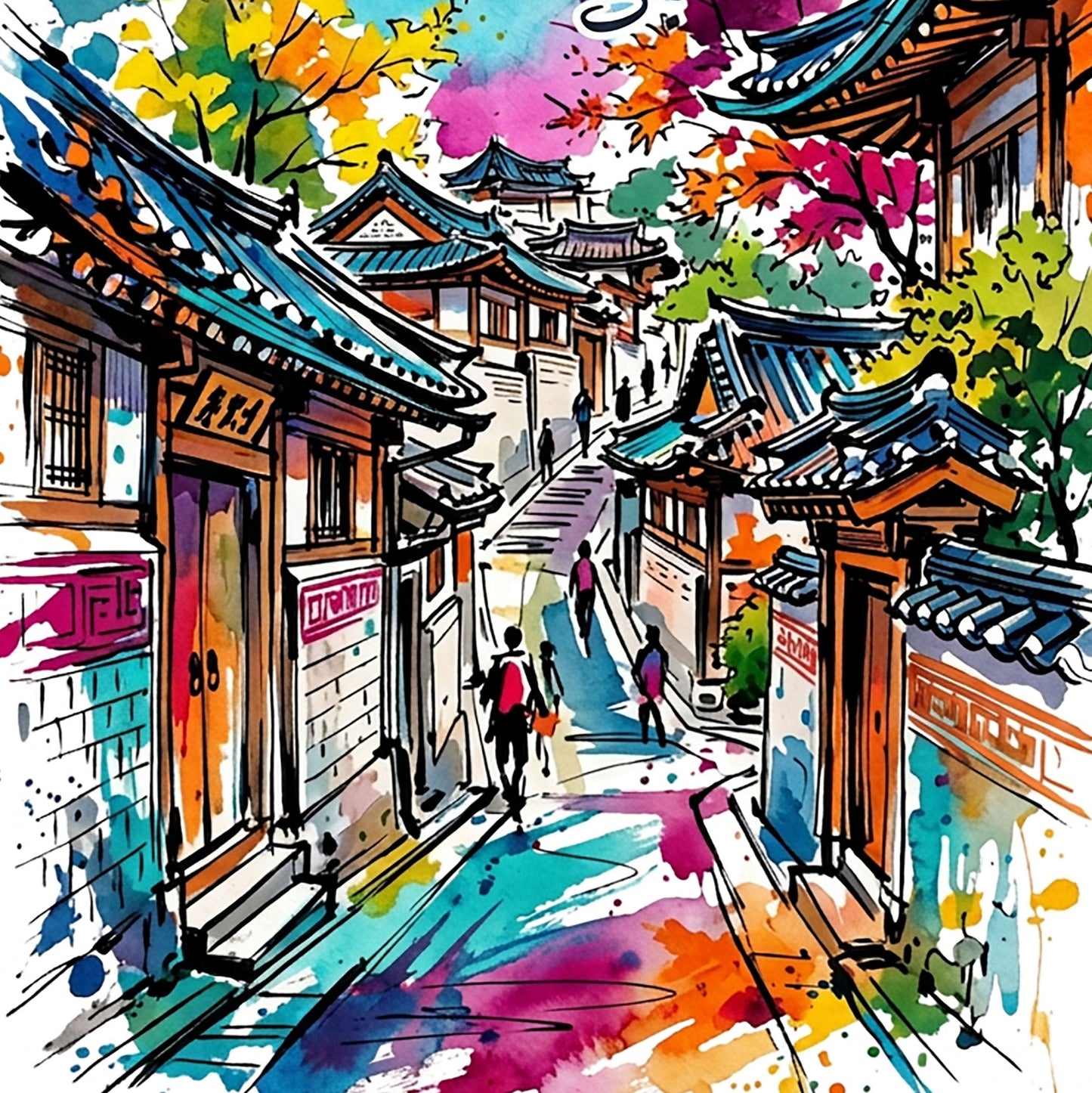 Bukchon Hanok Village Coloursplash Art Print — Modern Korean Travel Poster