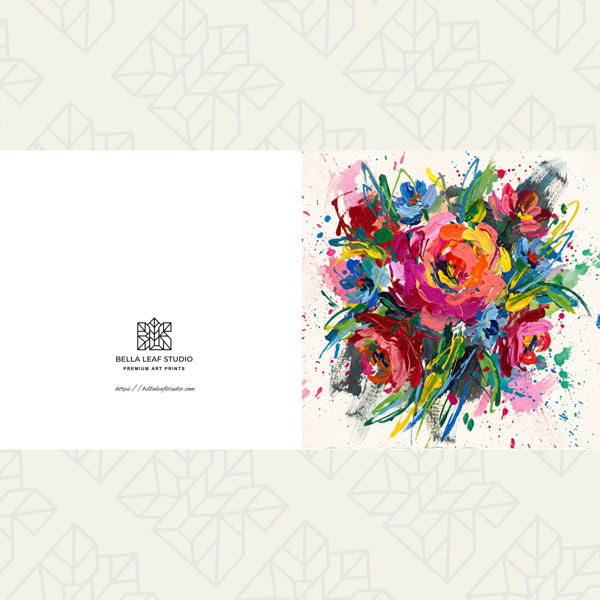 A square art print or card design split into two sections: the left side is white with the Bella Leaf Studio logo, and the right side features a colorful watercolor-style floral bouquet with pink, red, orange, blue, green, and purple brushstrokes on a light background.