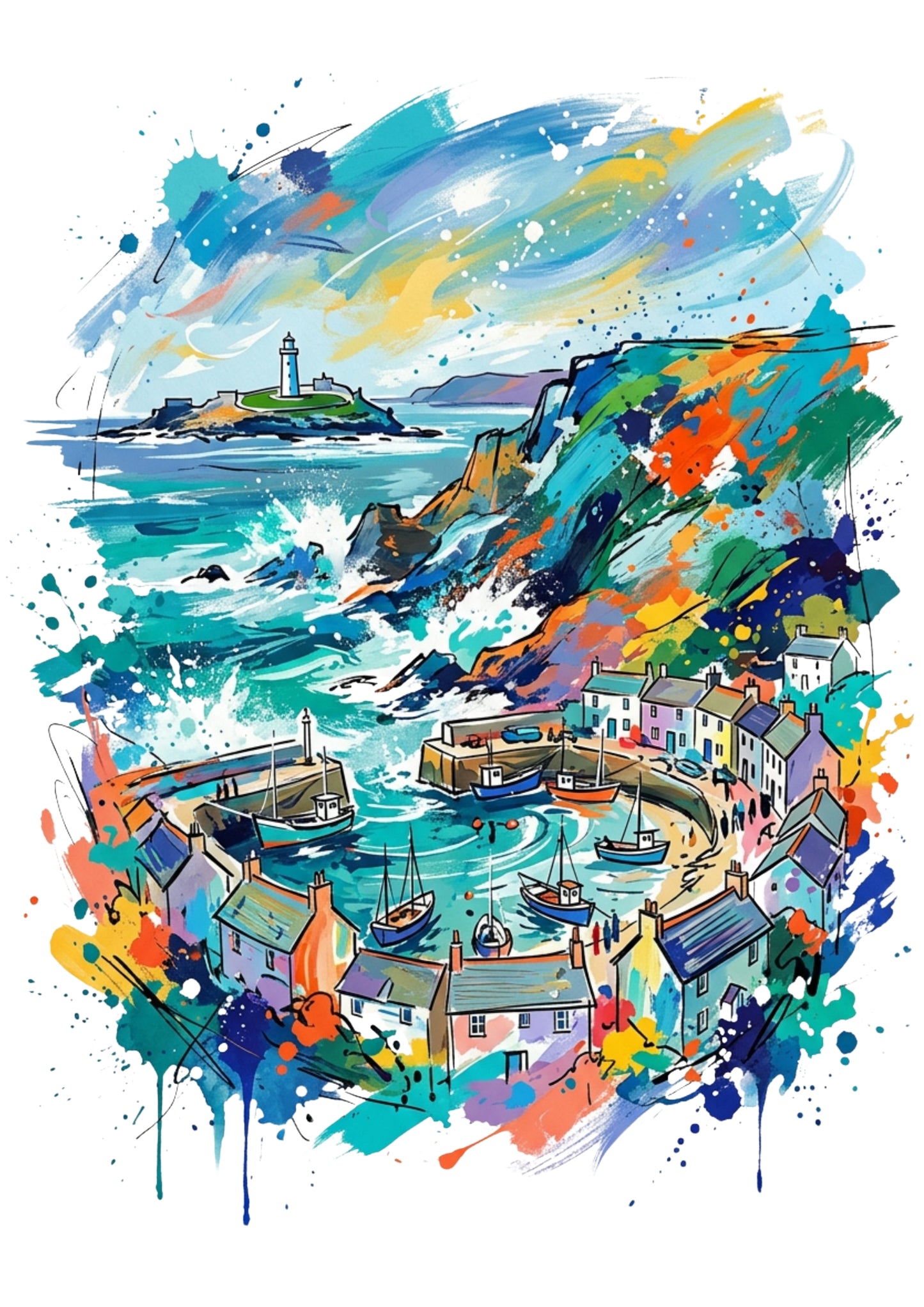 Cornwall Harbour Art Print – Expressive Colourful Coastal Landscape | Bella Leaf Studio