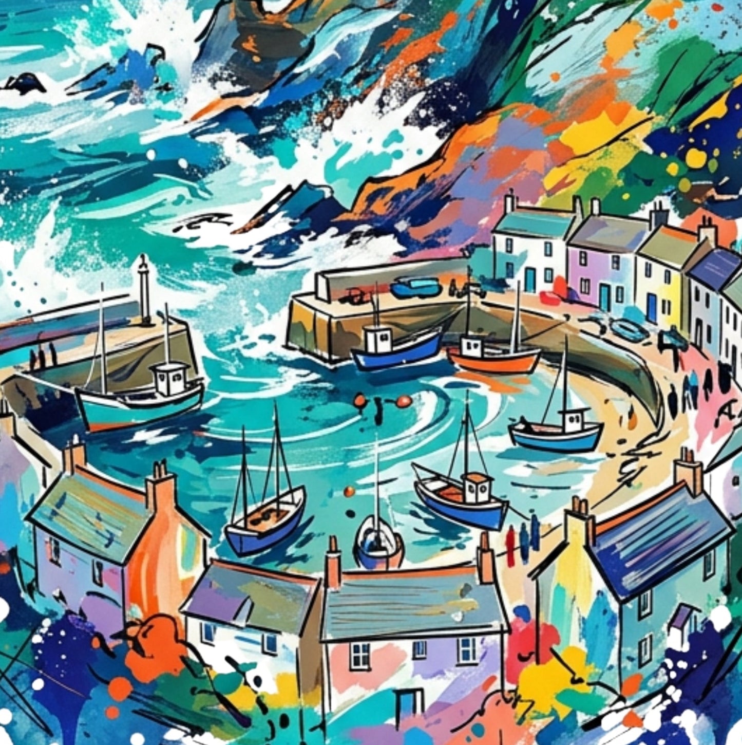 Cornwall Harbour Art Print – Expressive Colourful Coastal Landscape | Bella Leaf Studio