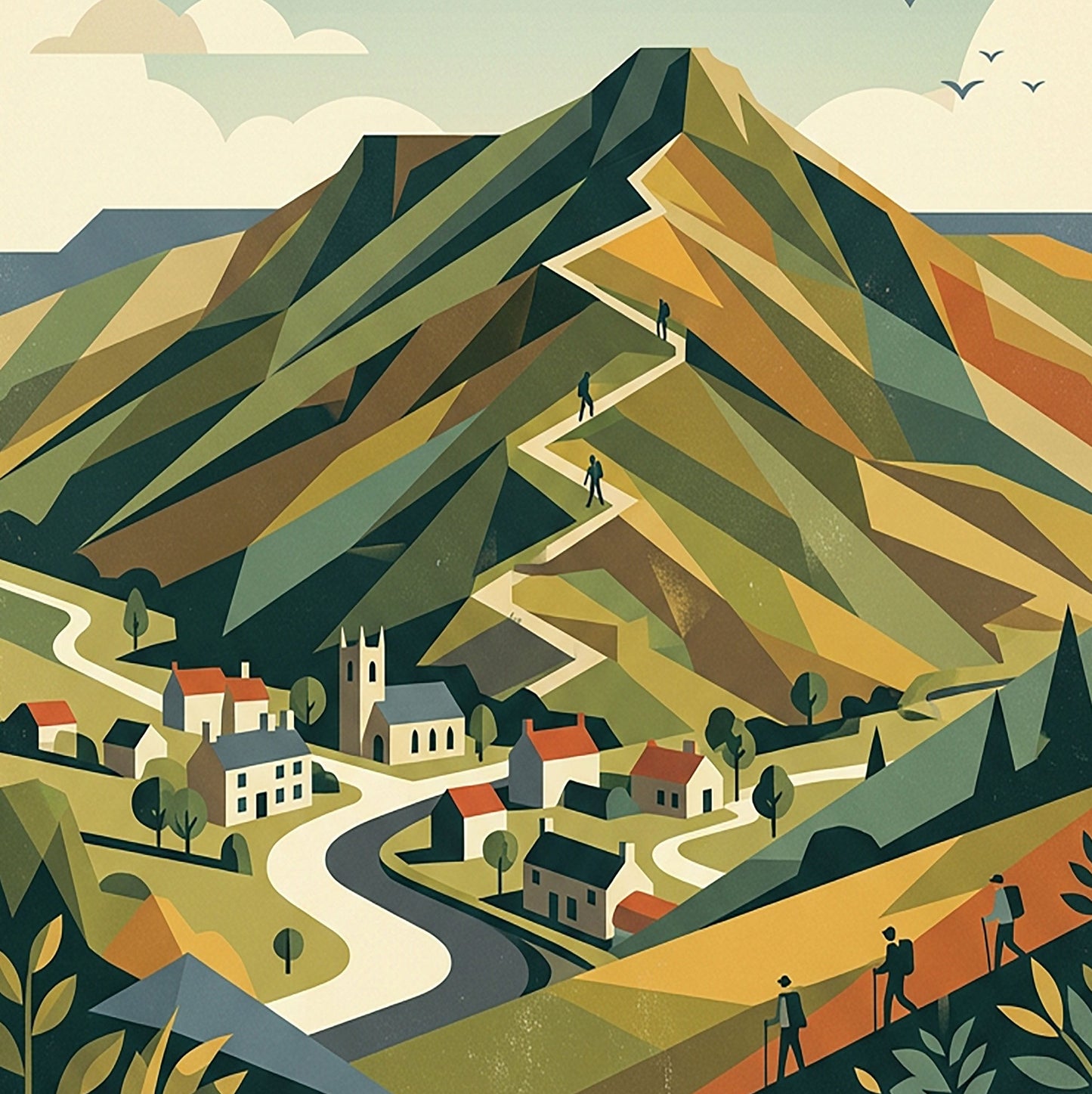 Castleton & Mam Tor Retro Travel Print – Mid‑Century Peak District Wall Art