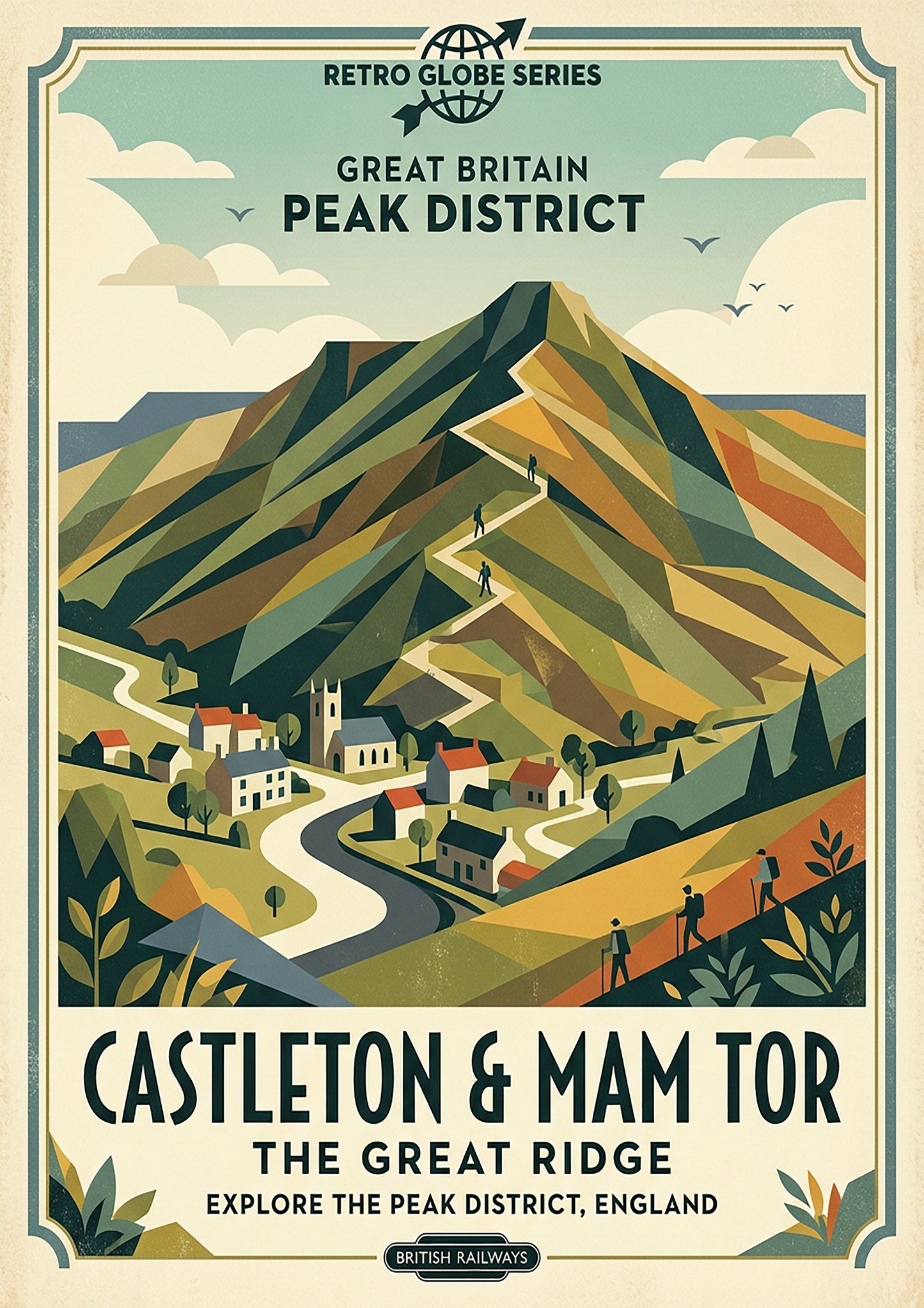 Castleton & Mam Tor Retro Travel Print – Mid‑Century Peak District Wall Art
