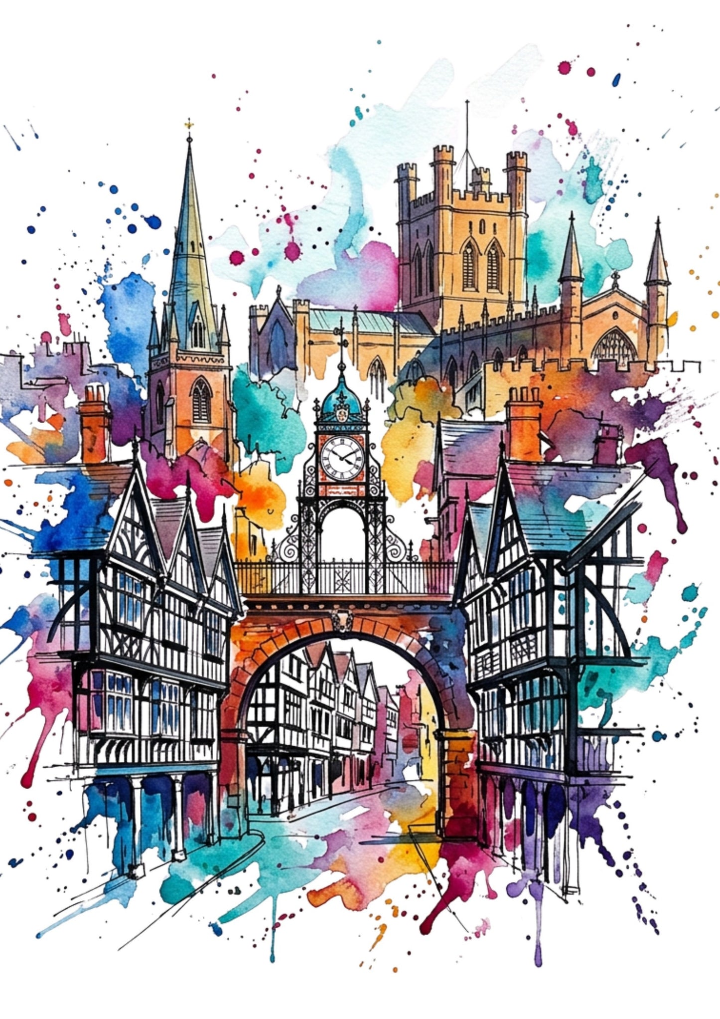 Watercolor and ink illustration of a historic cityscape with cathedral spires, half-timbered houses, and a central bridge, rendered in bright splashes of blue, pink, purple, yellow, orange, and teal on a white background.