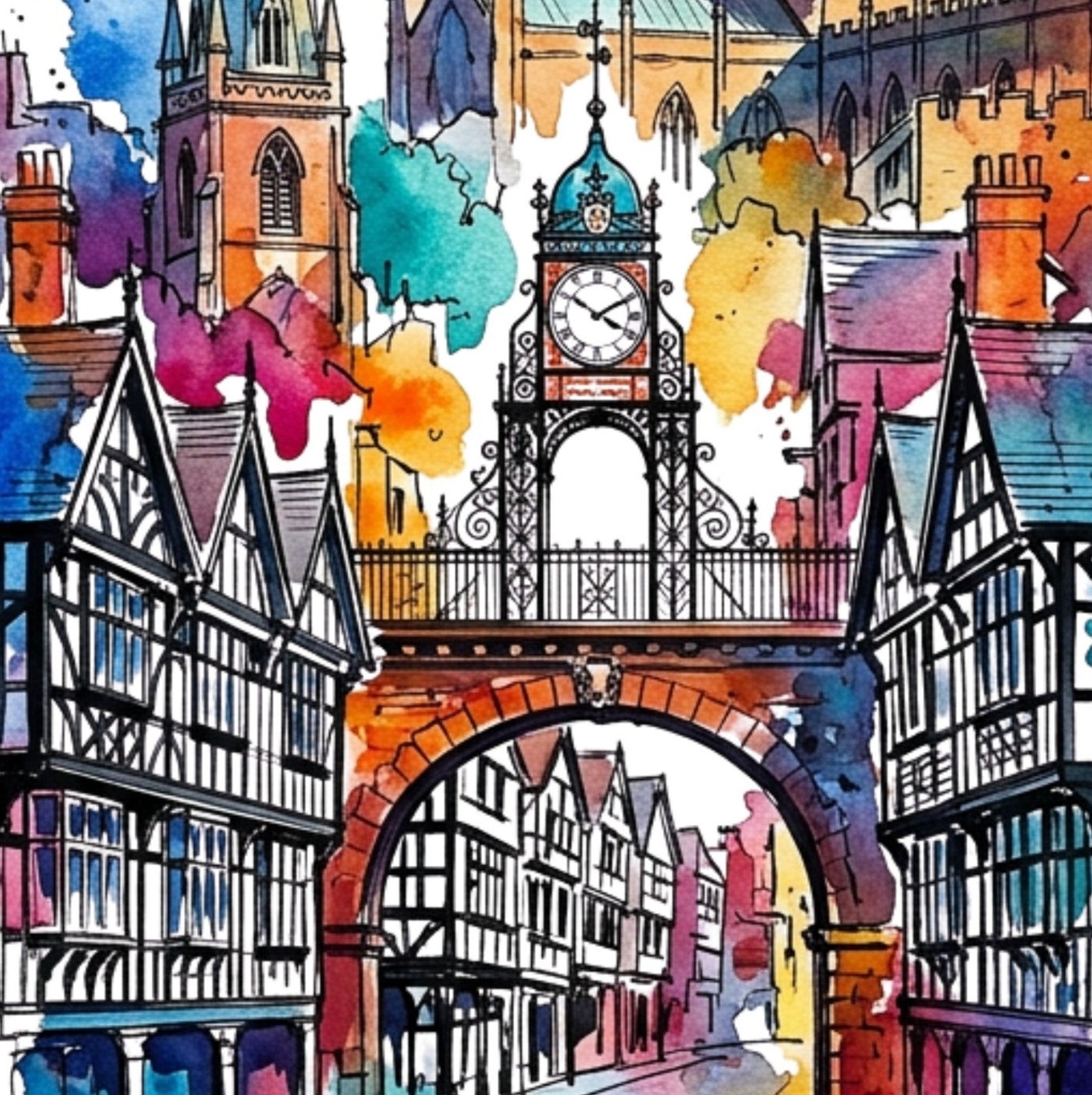 Watercolor and ink illustration of a historic cityscape with cathedral spires, half-timbered houses, and a central bridge, rendered in bright splashes of blue, pink, purple, yellow, orange, and teal on a white background.