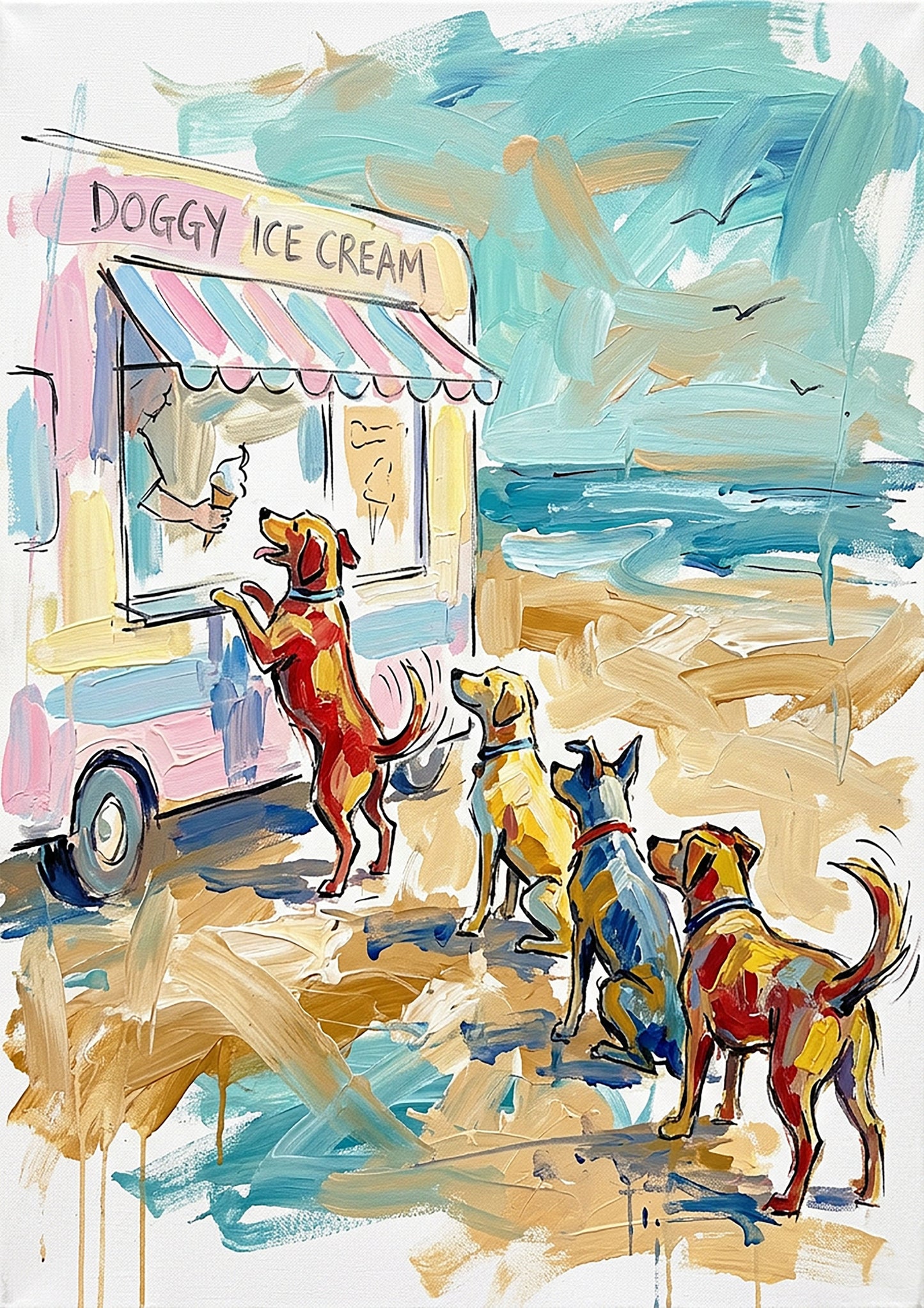 Doggy Ice Cream Beach Coloursplash Coastal Print – Modern Nautical Wall Art