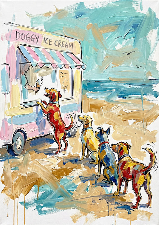 Doggy Ice Cream Beach Coloursplash Coastal Print – Modern Nautical Wall Art