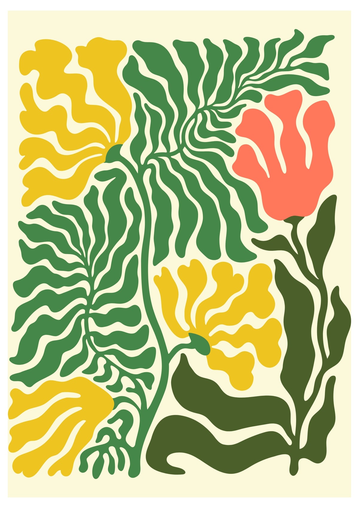 Abstract floral art print with yellow, coral and green wavy floral pattern