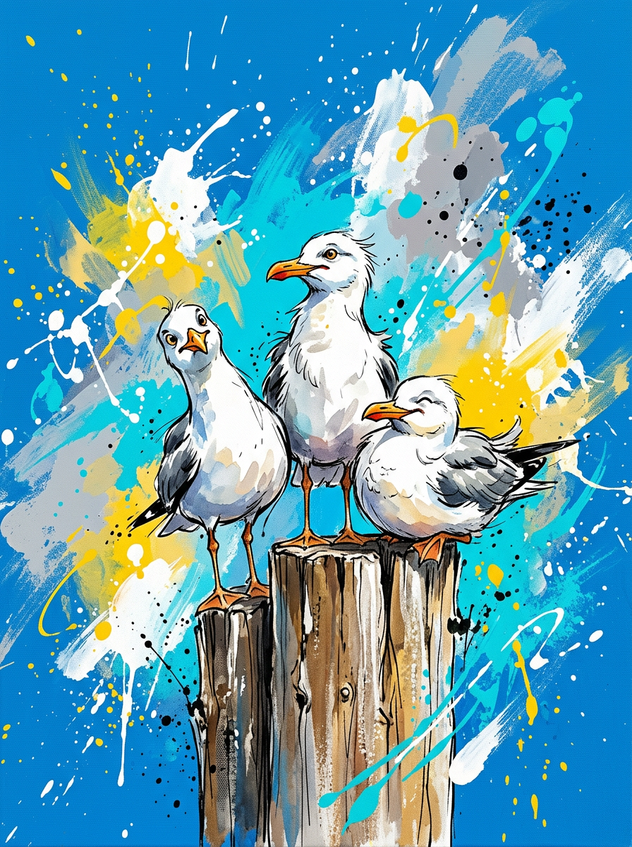 Seagulls on Posts Coloursplash Coastal Print – Modern Nautical Wall Art