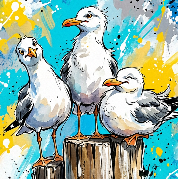 Seagulls on Posts Coloursplash Coastal Print – Modern Nautical Wall Art