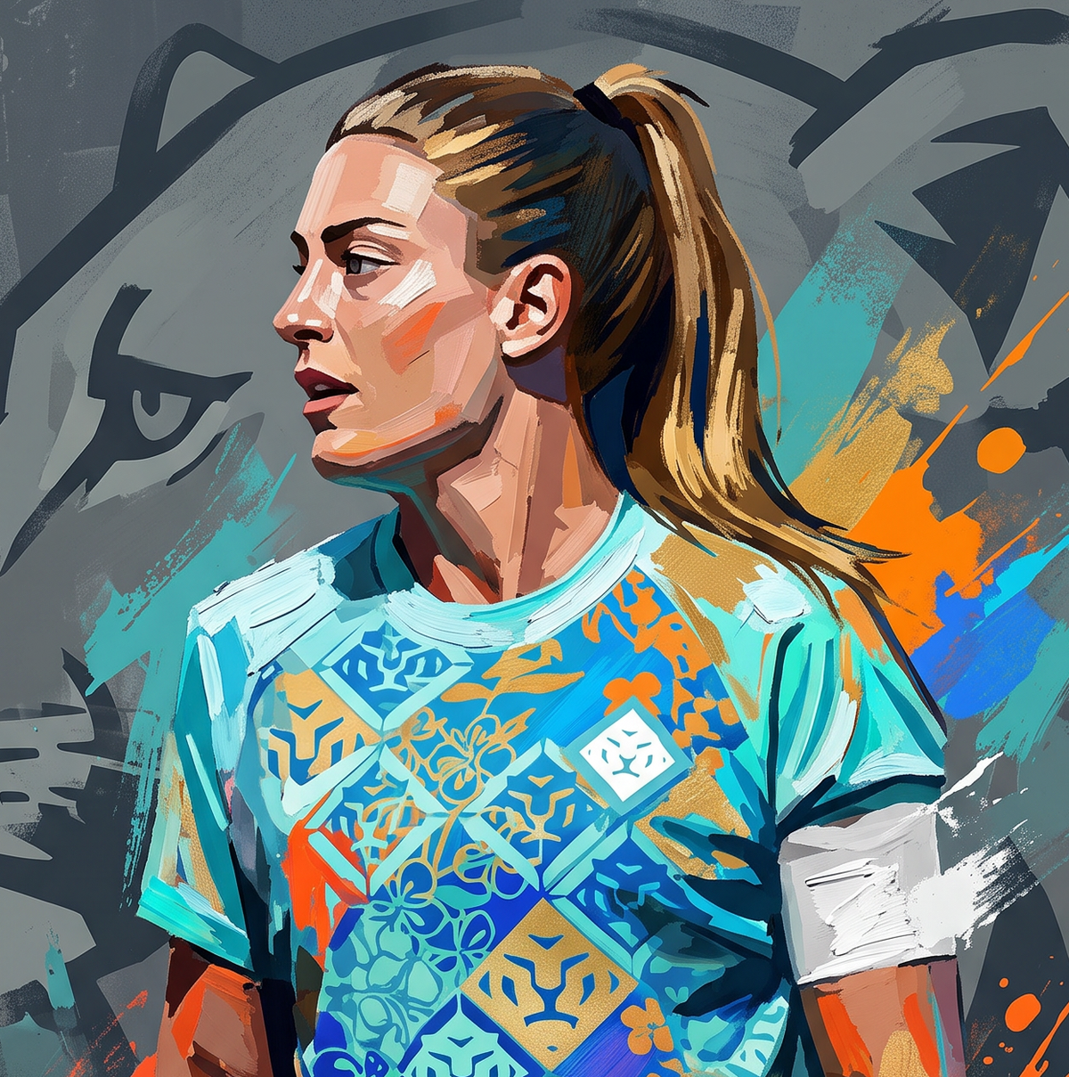 Close-up illustrated football player portrait in teal jersey with paint splashes and graphic patterns