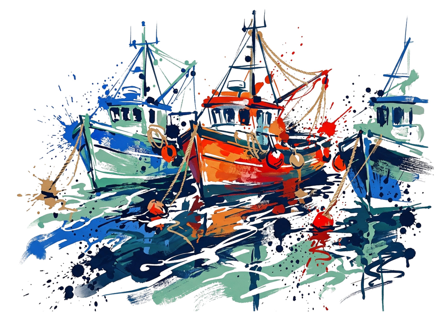 Docked Fishing Boats Coloursplash Coastal Print – Modern Nautical Wall Art