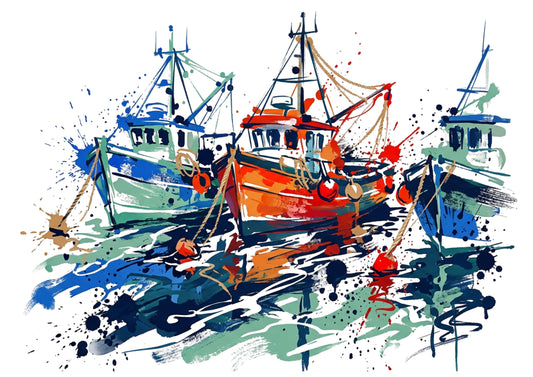 Docked Fishing Boats Coloursplash Coastal Print – Modern Nautical Wall Art
