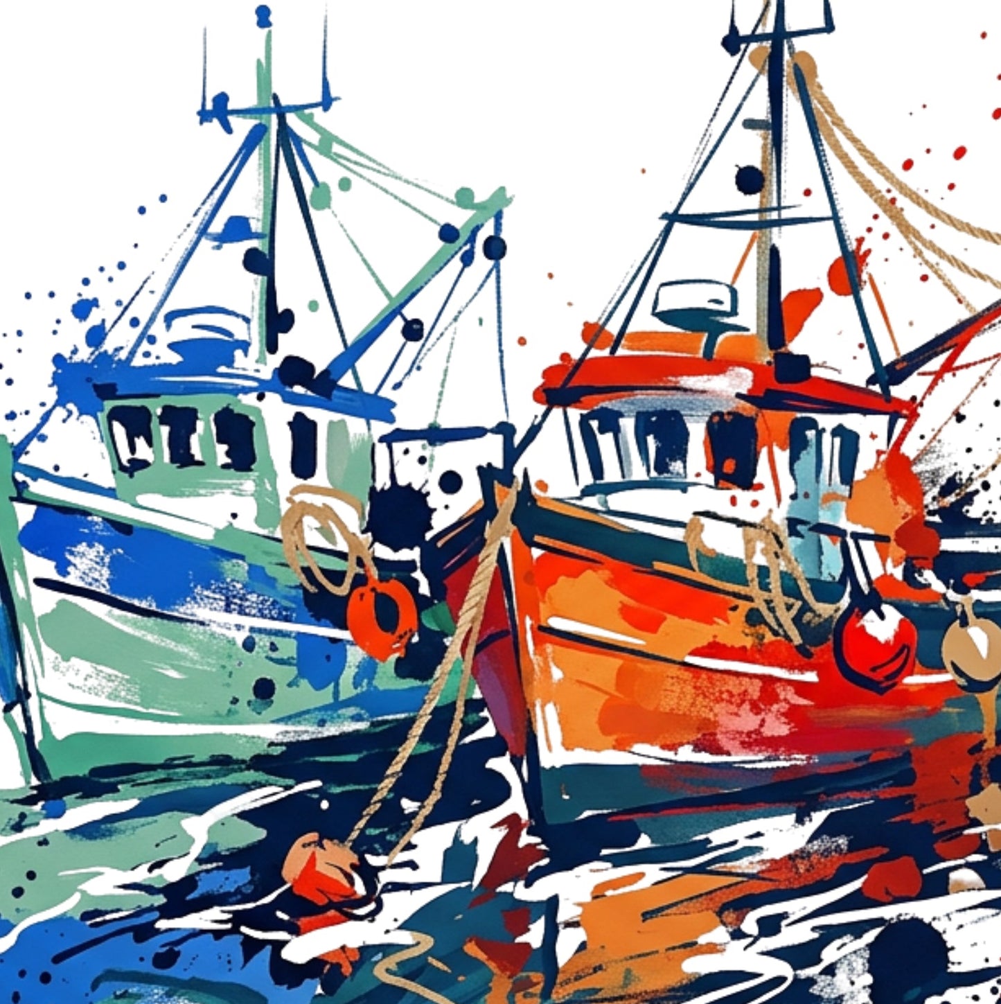 Docked Fishing Boats Coloursplash Coastal Print – Modern Nautical Wall Art