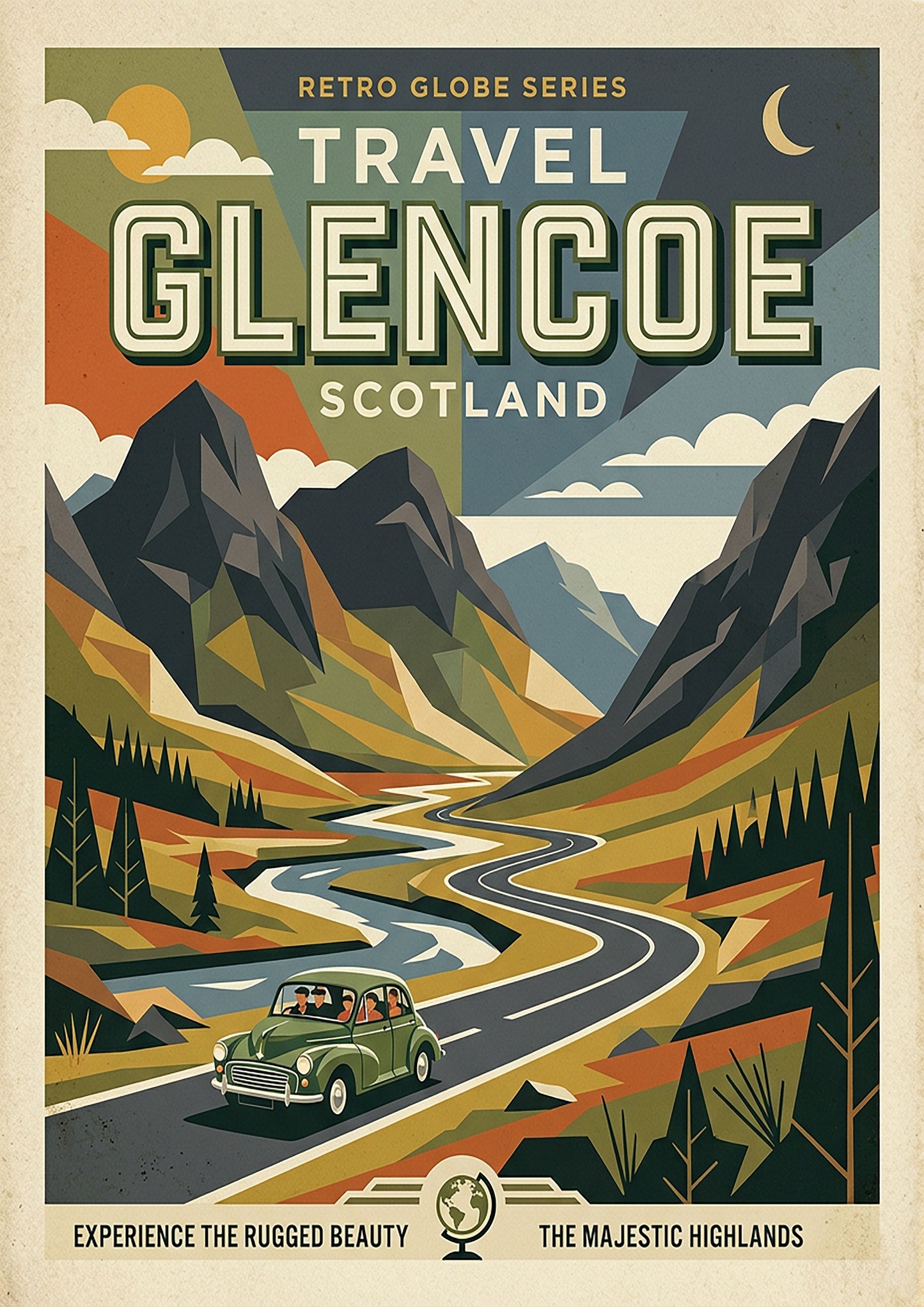 Glencoe Retro Travel Print – Mid‑Century Scottish Highlands Wall Art