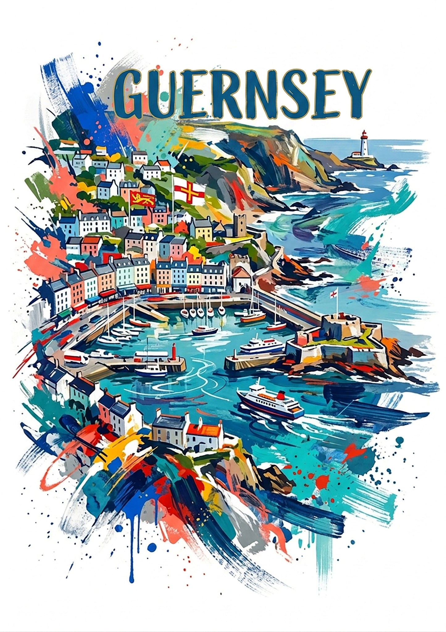Guernsey Coloursplash Art Print — Modern Coastal Travel Poster