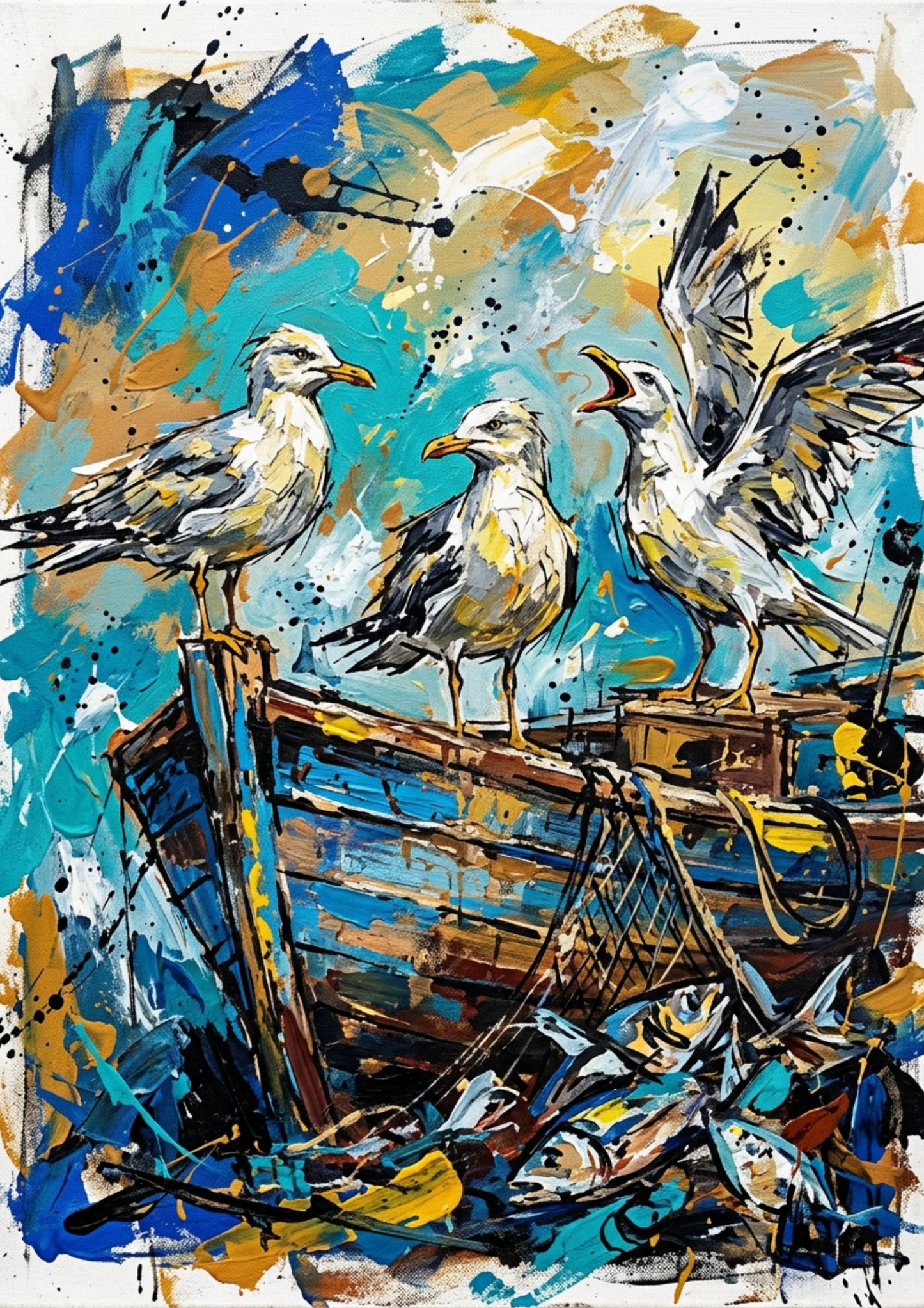 Expressive Coloursplash Seagulls & Fishing Boat Print – Contemporary Coastal Wall Art