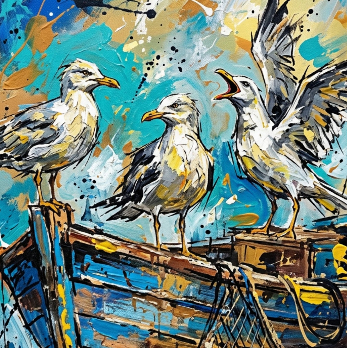 Expressive Coloursplash Seagulls & Fishing Boat Print – Contemporary Coastal Wall Art