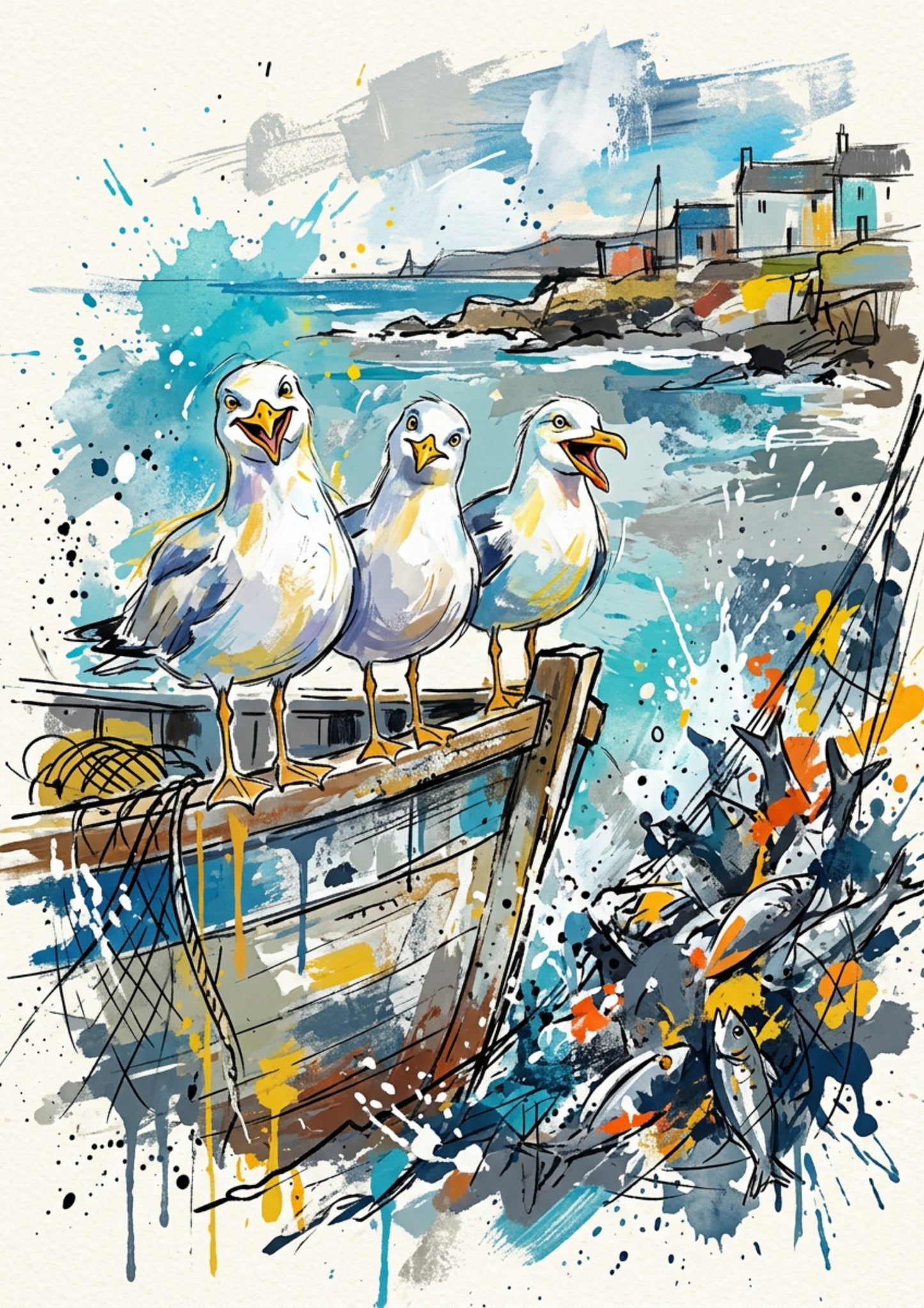 Expressive Coloursplash Seagulls & Coastal Fishing Boat Print – Contemporary Coastal Wall Art