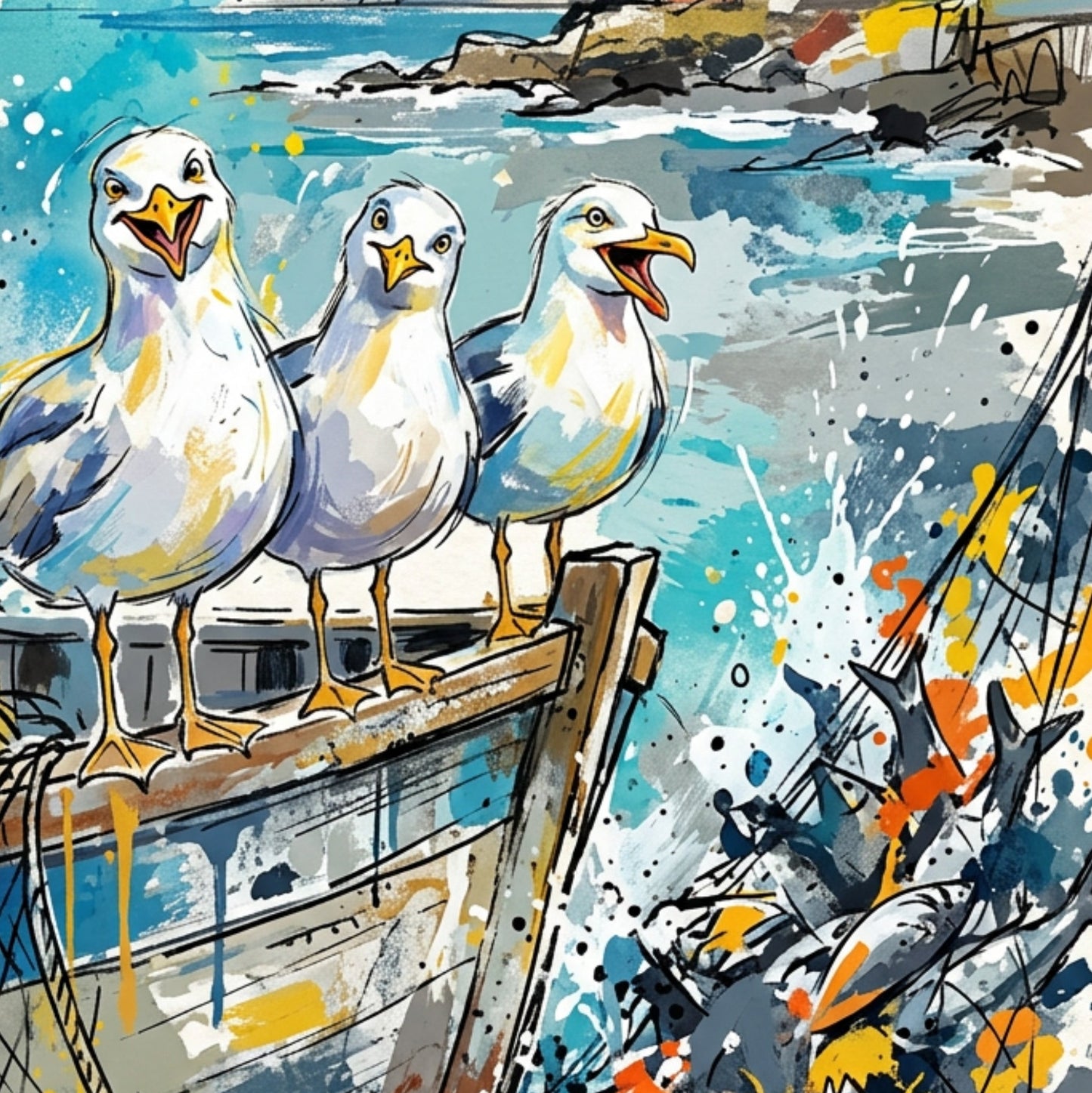Expressive Coloursplash Seagulls & Coastal Fishing Boat Print – Contemporary Coastal Wall Art