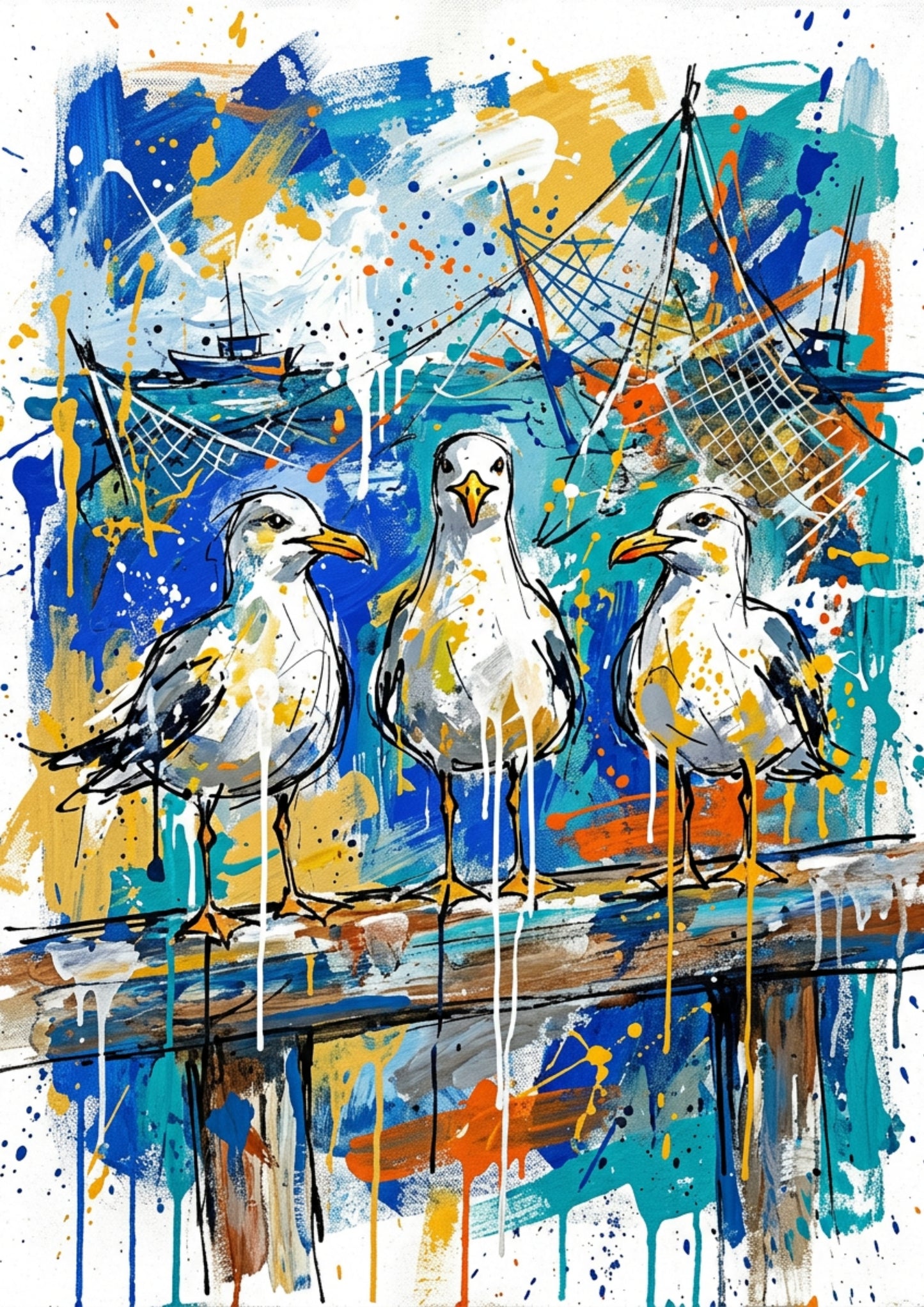 Expressive Coloursplash Seagulls on Beam Print – Contemporary Coastal Wall Art