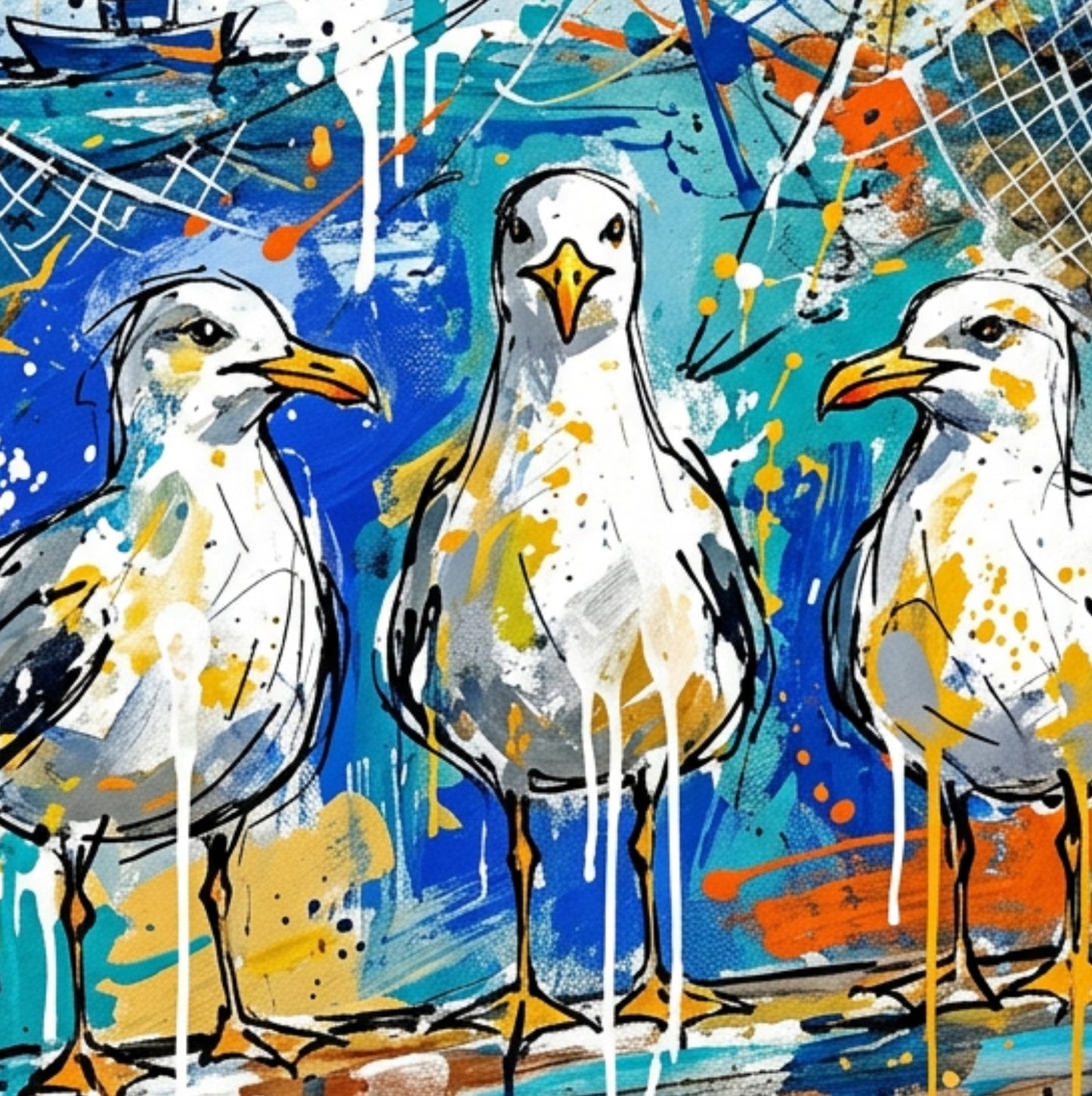 Expressive Coloursplash Seagulls on Beam Print – Contemporary Coastal Wall Art