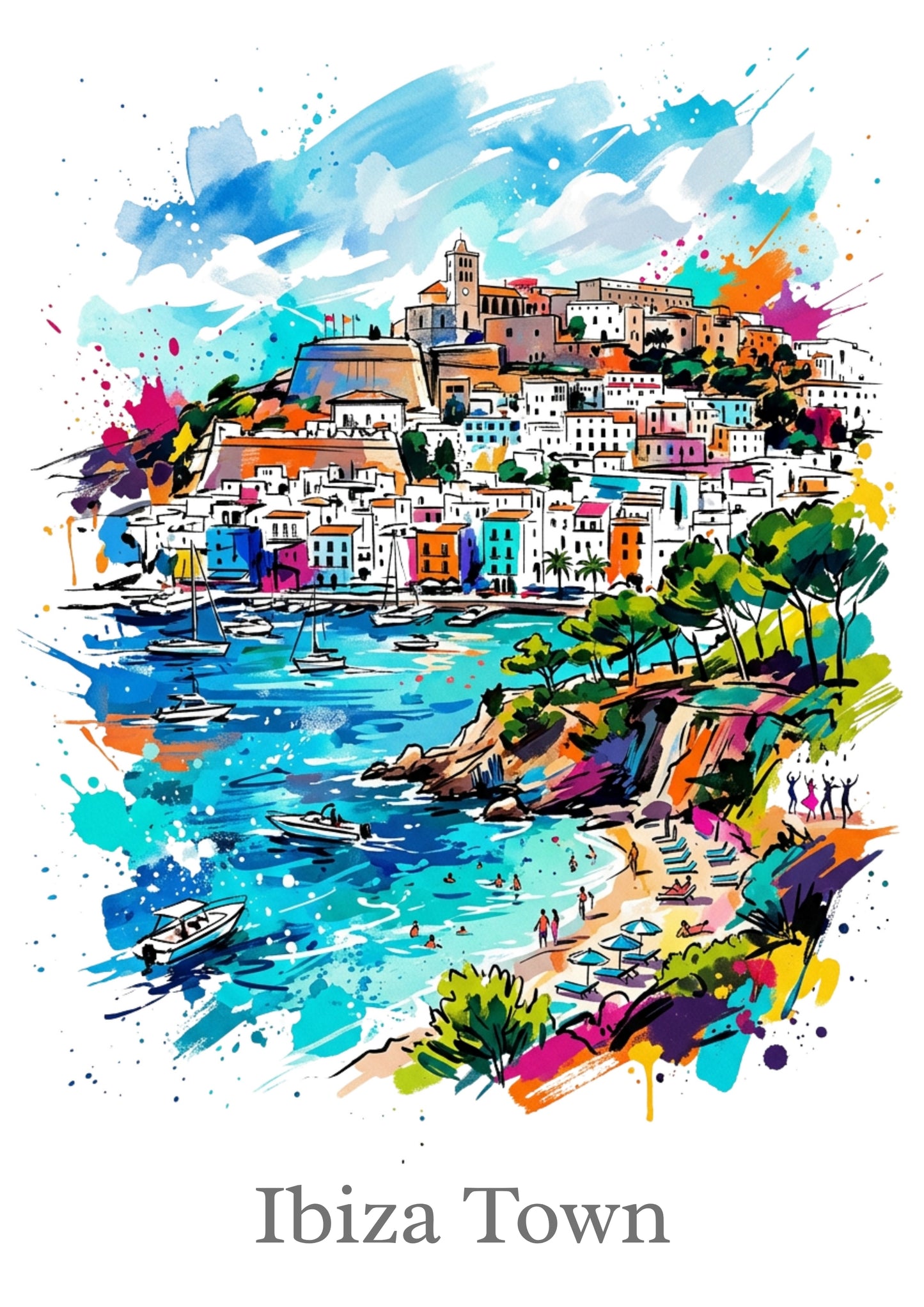 Ibiza Town Coloursplash Print – Expressive Balearic Coastal Wall Art