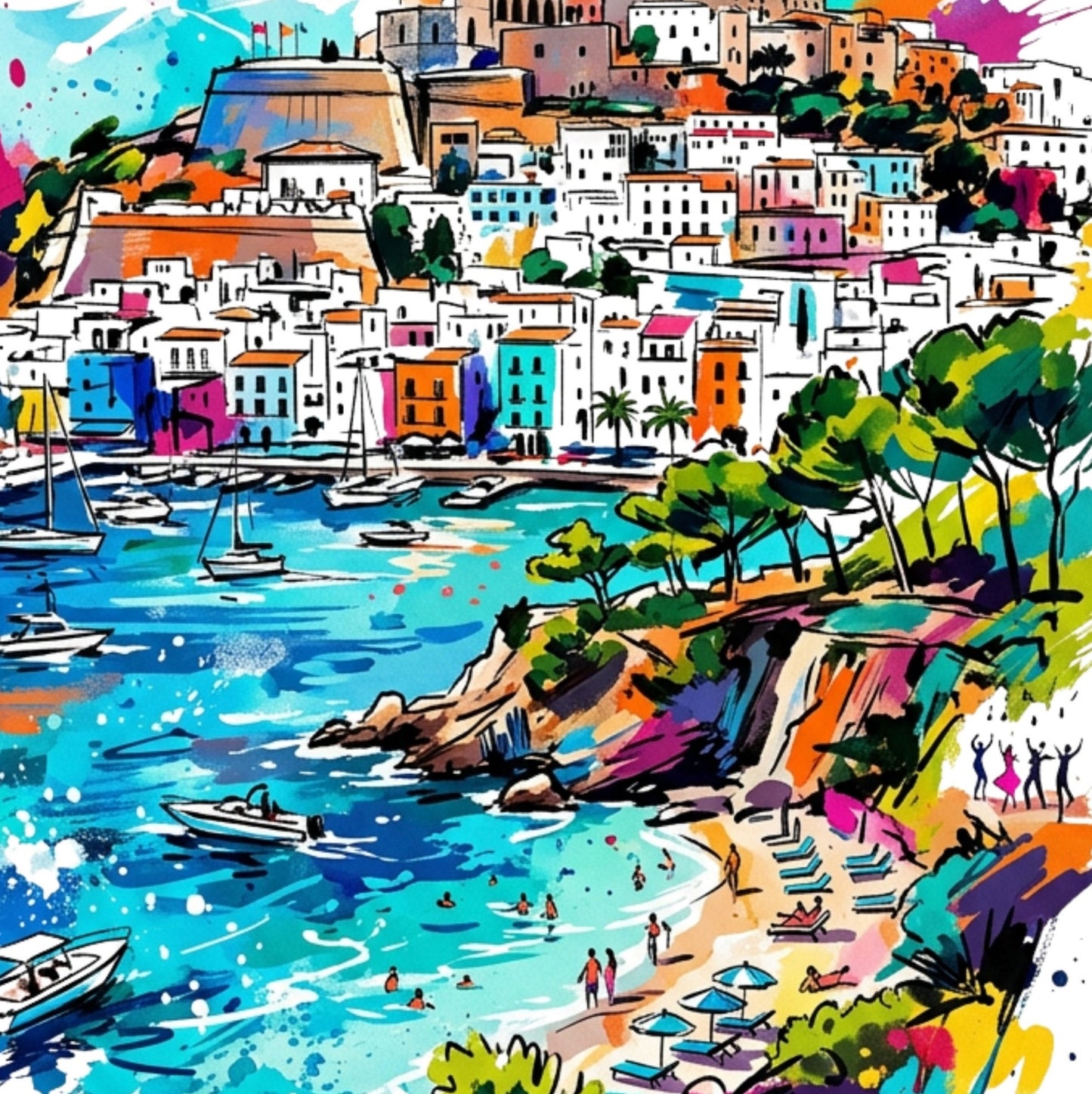 Ibiza Town Coloursplash Print – Expressive Balearic Coastal Wall Art