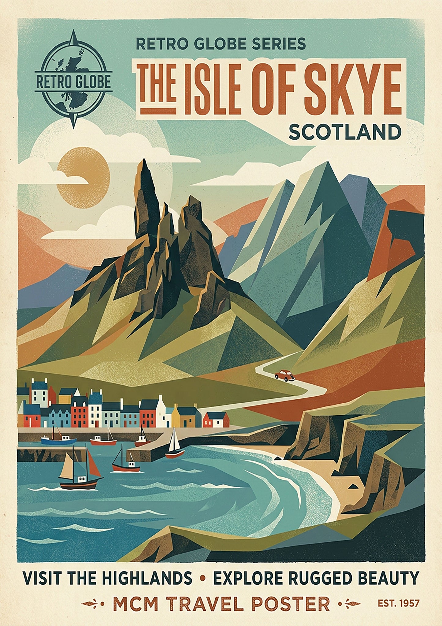 Isle of Skye Retro Travel Print – Mid‑Century Scottish Highlands Wall Art