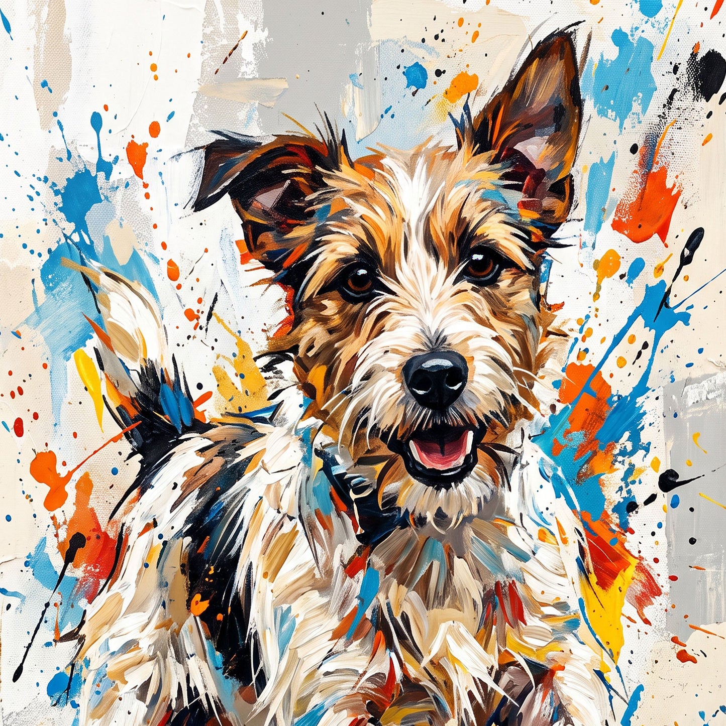 A colourful abstract painting of a small terrier-like dog standing and looking forward, rendered with expressive brushstrokes and paint splashes in blue, orange, yellow, black, and cream on a light background.