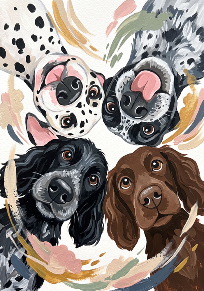Colorful dog wall art print with five illustrated puppies in a circular splash