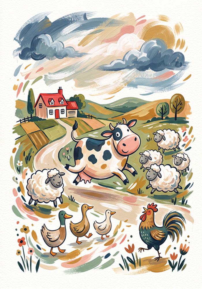 Kids farm animal wall art print with cow, chickens, rooster, sheep, and a red farmhouse scene