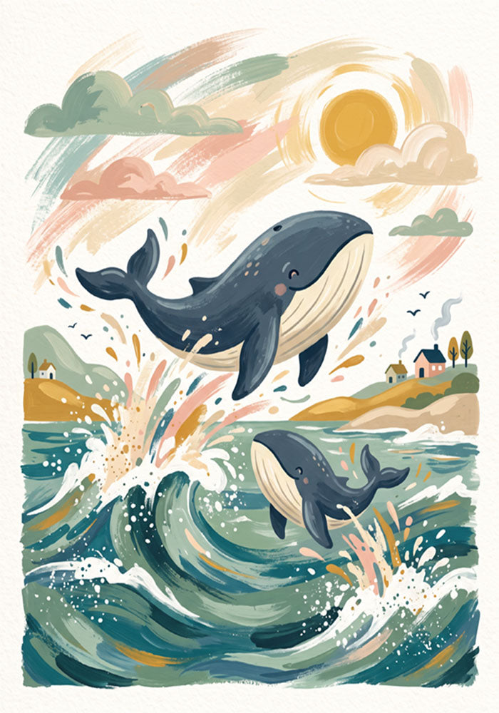 Kids whale ocean wall art print with two leaping whales, waves, clouds and sun