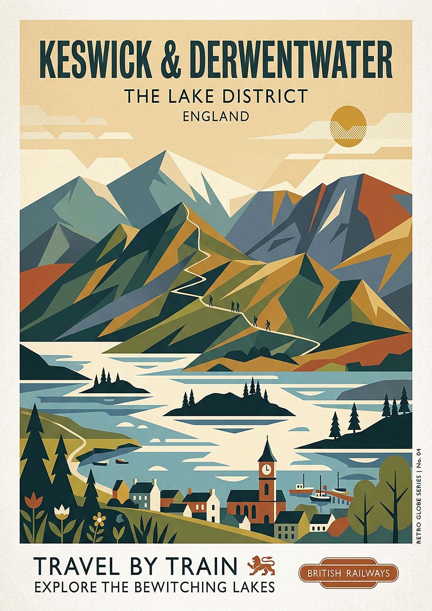 Keswick & Derwentwater Retro Travel Print – Mid‑Century Lake District Wall Art