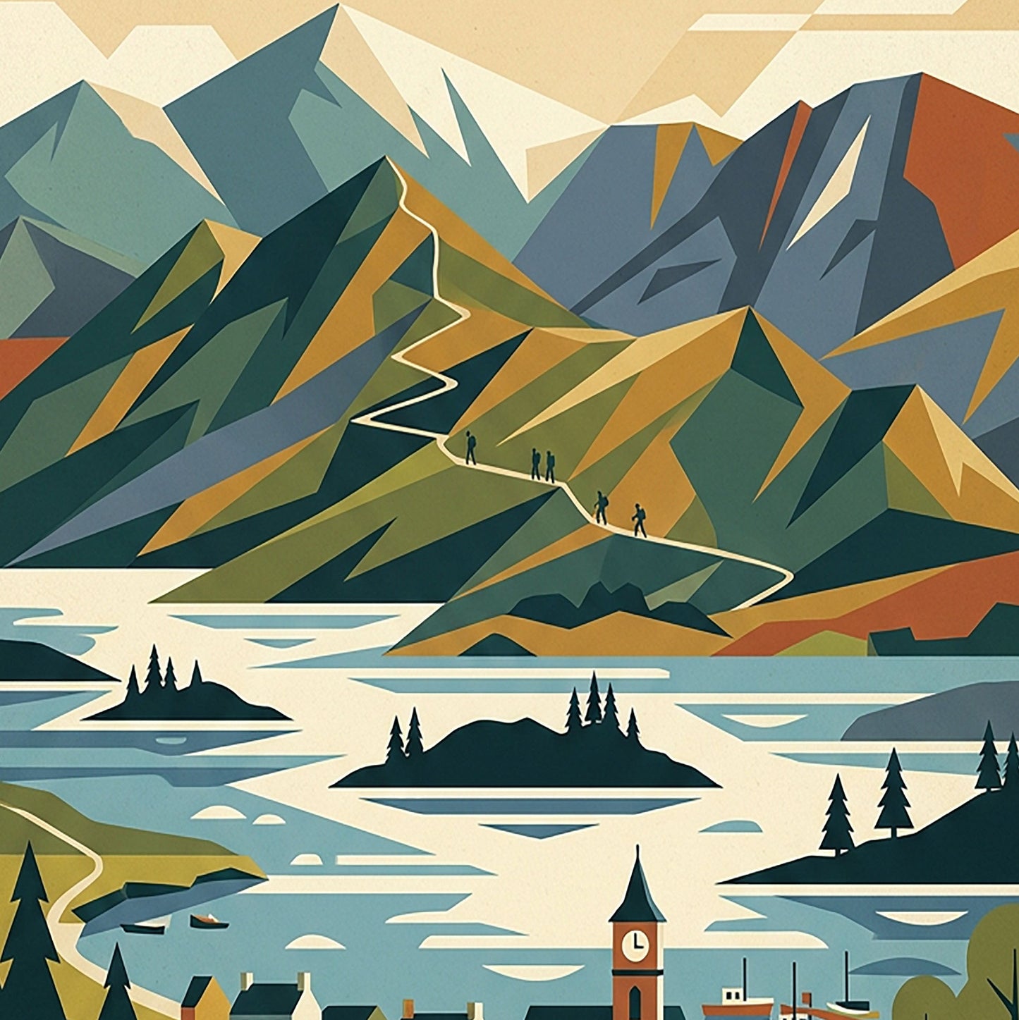Keswick & Derwentwater Retro Travel Print – Mid‑Century Lake District Wall Art