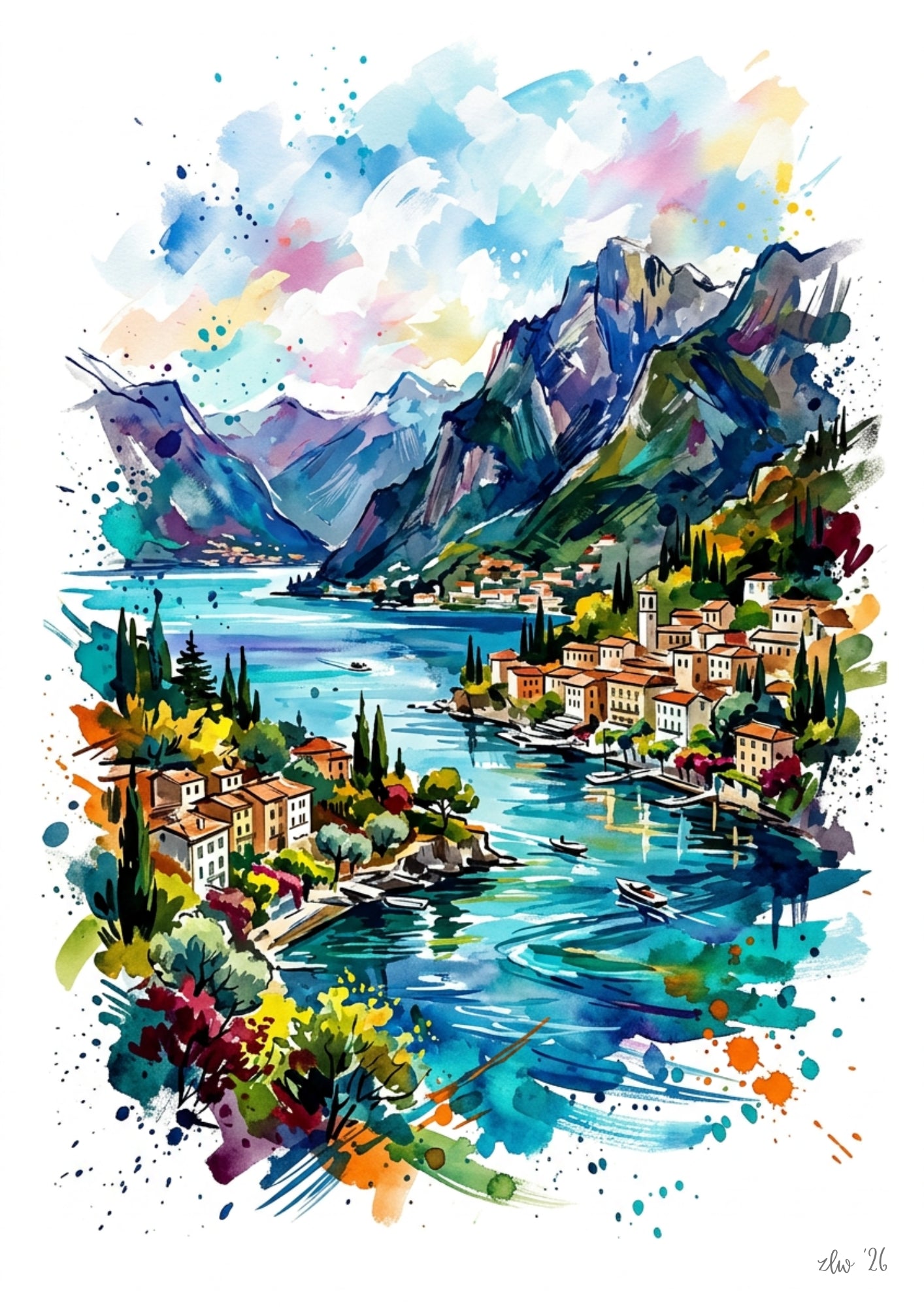 Colorful painting of a mountainous landscape with a village by a lake
