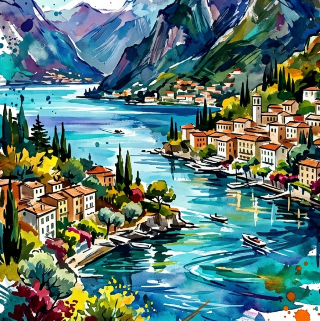 Colourful painting of a mountainous landscape with  lake Como