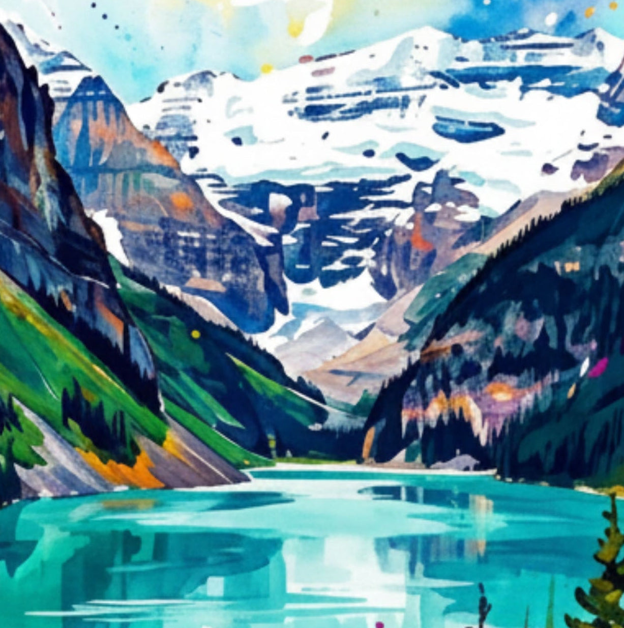 Watercolor-style landscape artwork showing a the turquoise Lake Louise between dark mountain cliffs, with snowy peaks in the distance and colorful paint splashes across the scene on a white background.