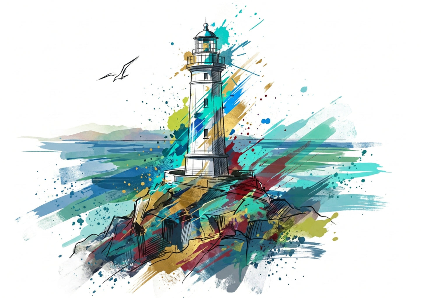 Linework Lighthouse Coloursplash Coastal Print – Modern Nautical Wall Art