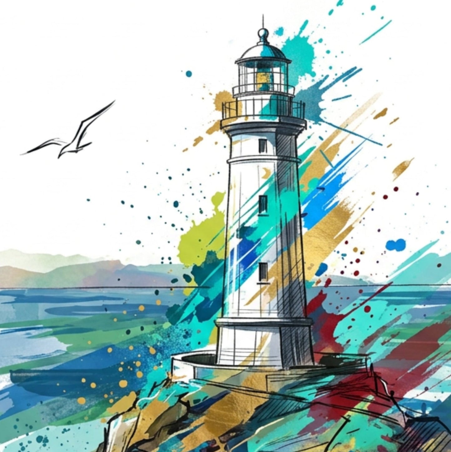 Linework Lighthouse Coloursplash Coastal Print – Modern Nautical Wall Art