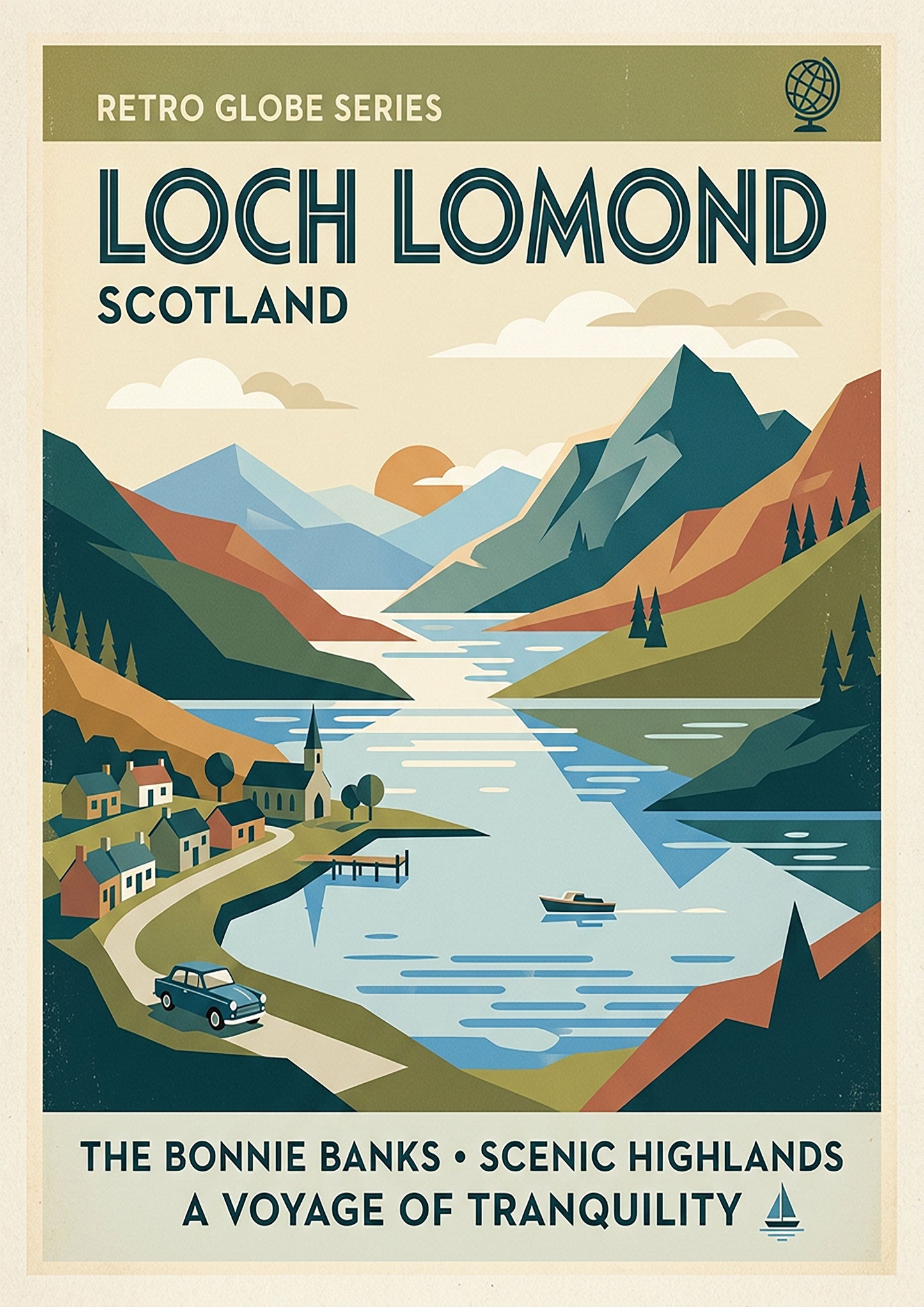 Loch Lomond Retro Travel Print – Mid‑Century Scottish Highlands Wall Art